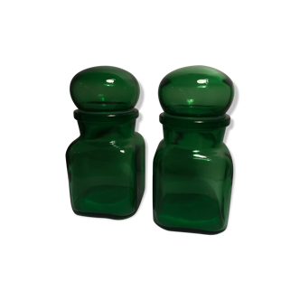 Green glass pharmacy jars