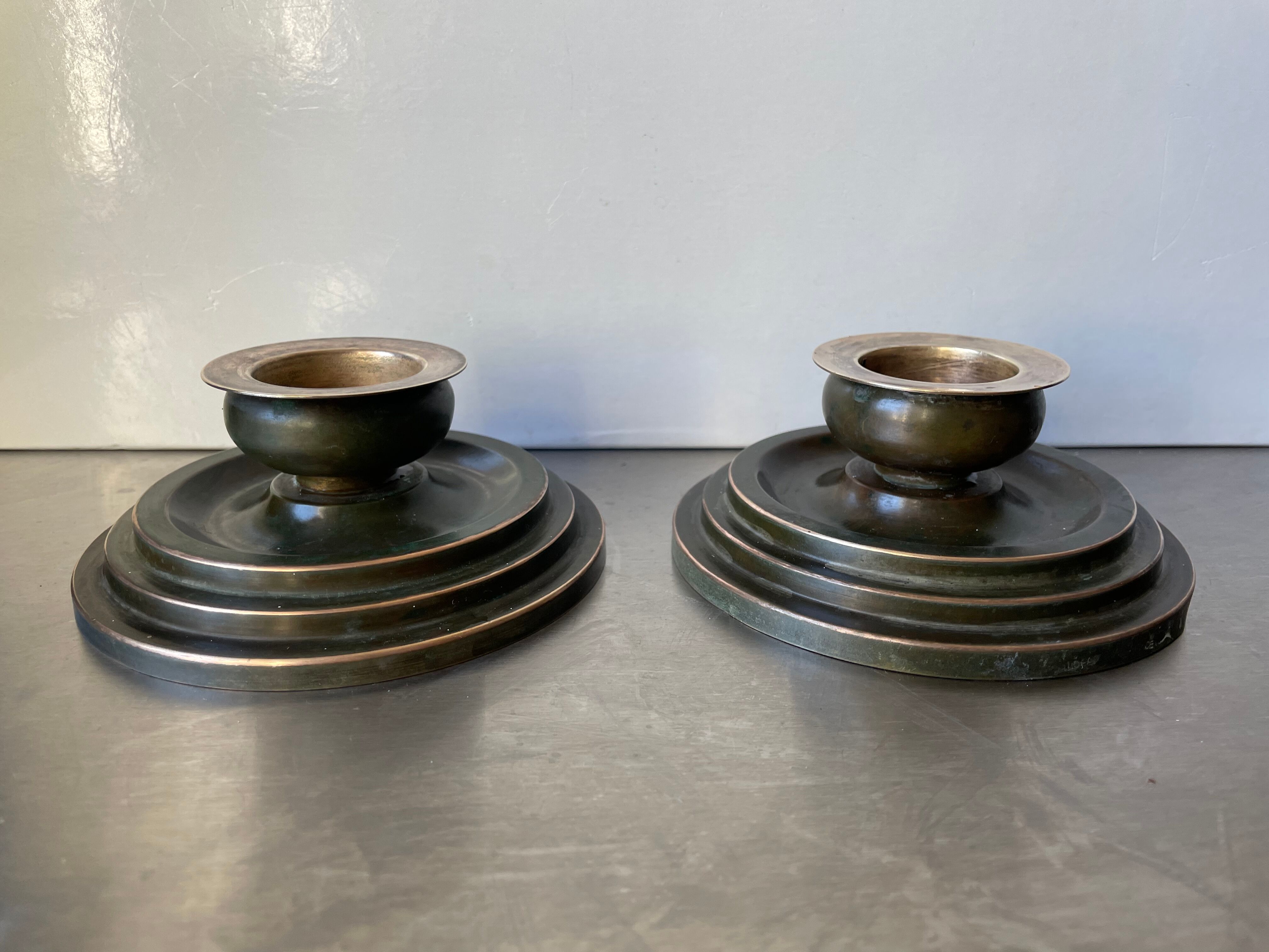 Pair Art Deco Swedish Grace  candleholder  Verdigris Bronze
