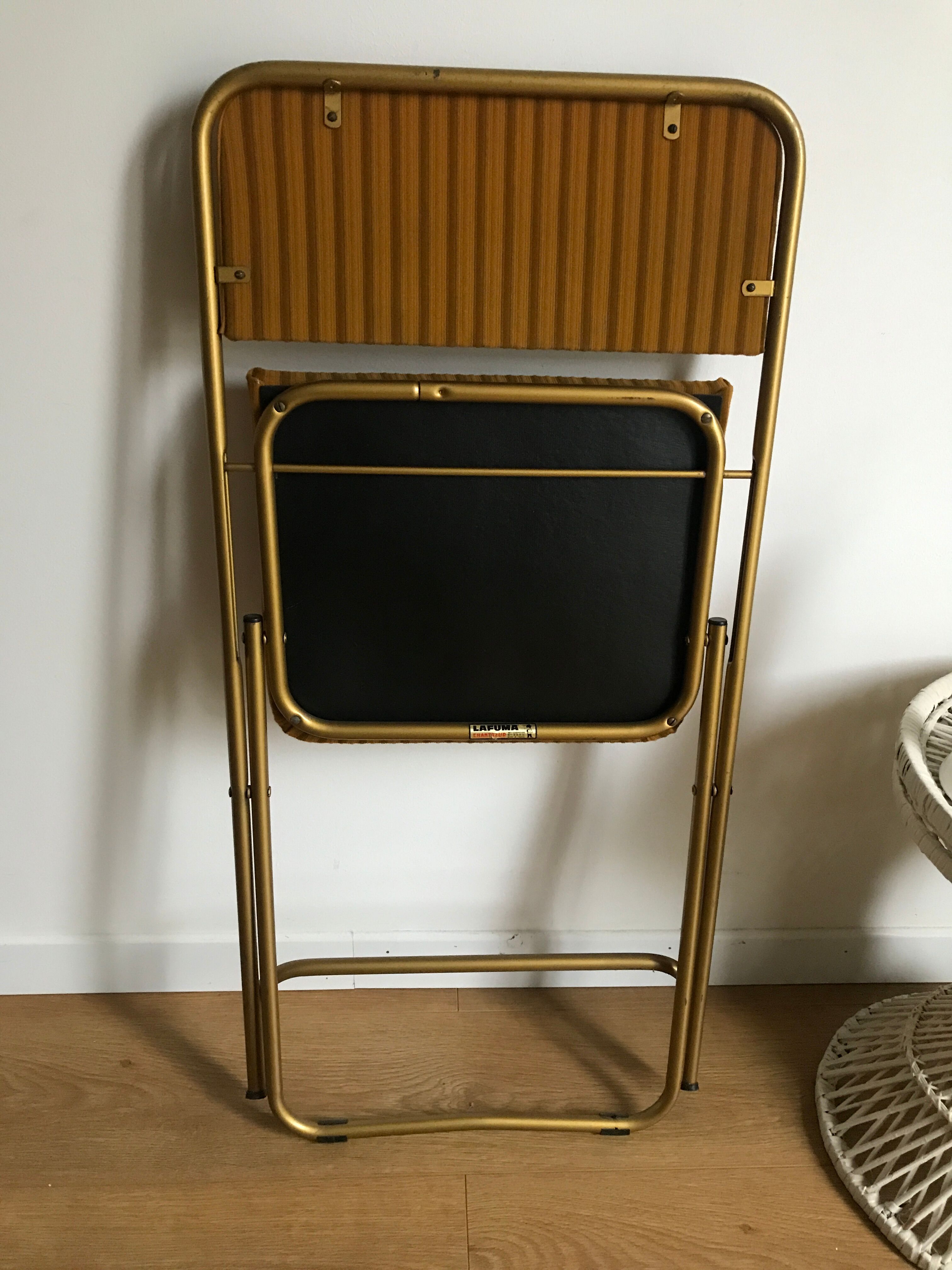 Vintage folding chair lafuma chantazur with striped gold fabric