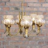 Mid-Century 6-light chandelier in Massive Brass - Iridescent Moulded Glass, Germany 1960s