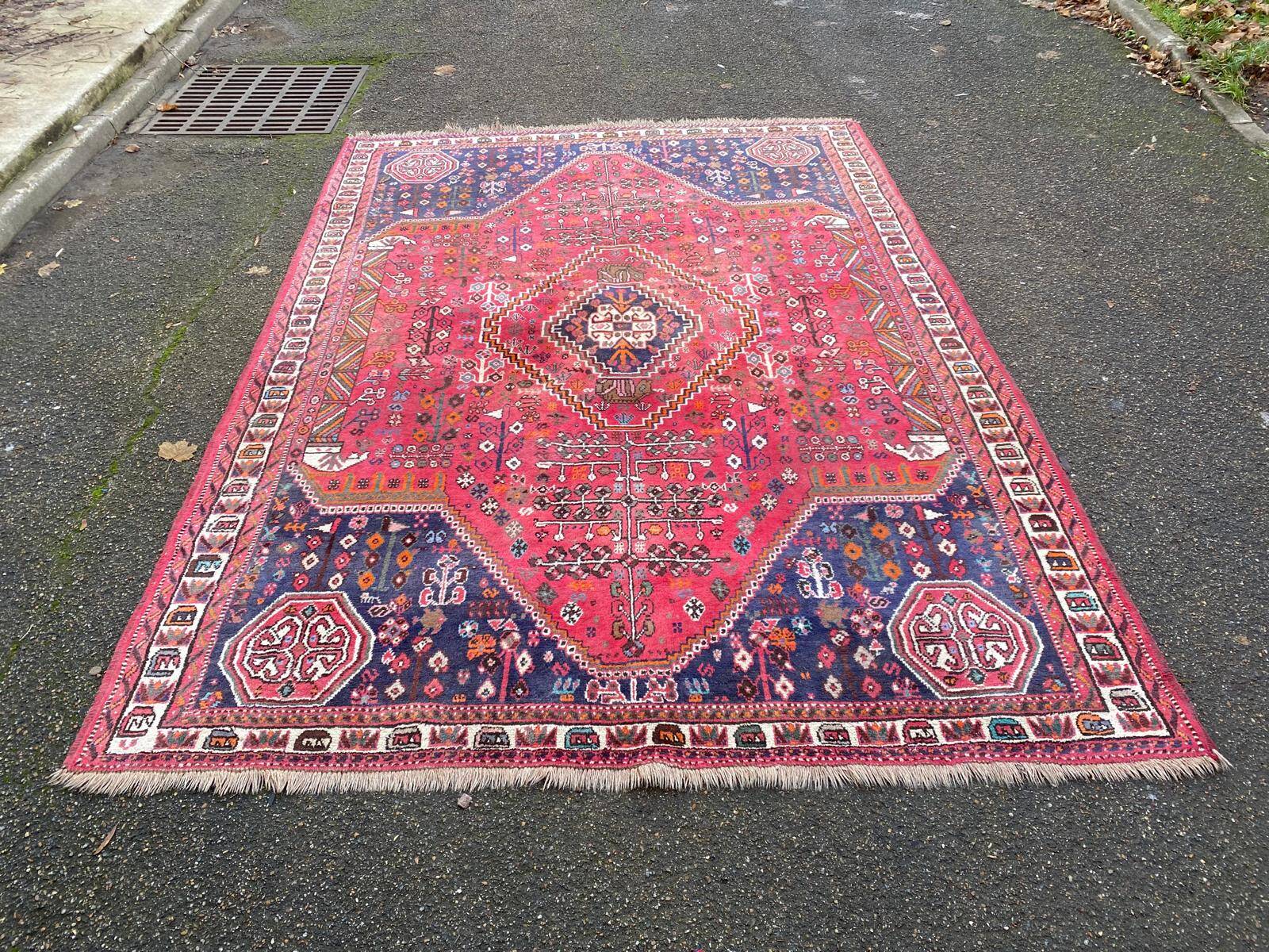 Handmade Persian rug, grey wool, knotted burgundy, 200x300cm