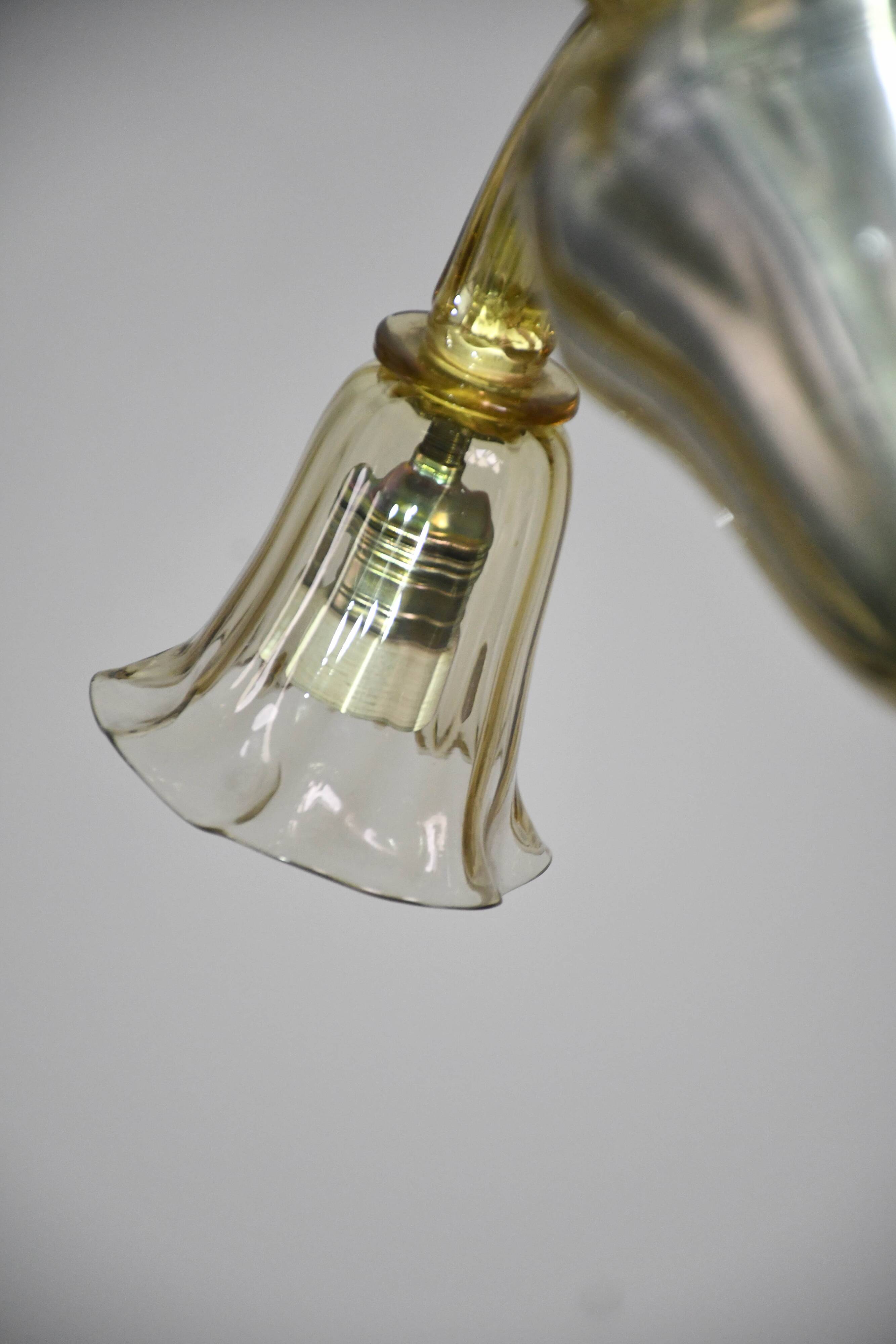 Lustre en verre de Murano vintage, couleur ambre, six lumières, design des années 1950.