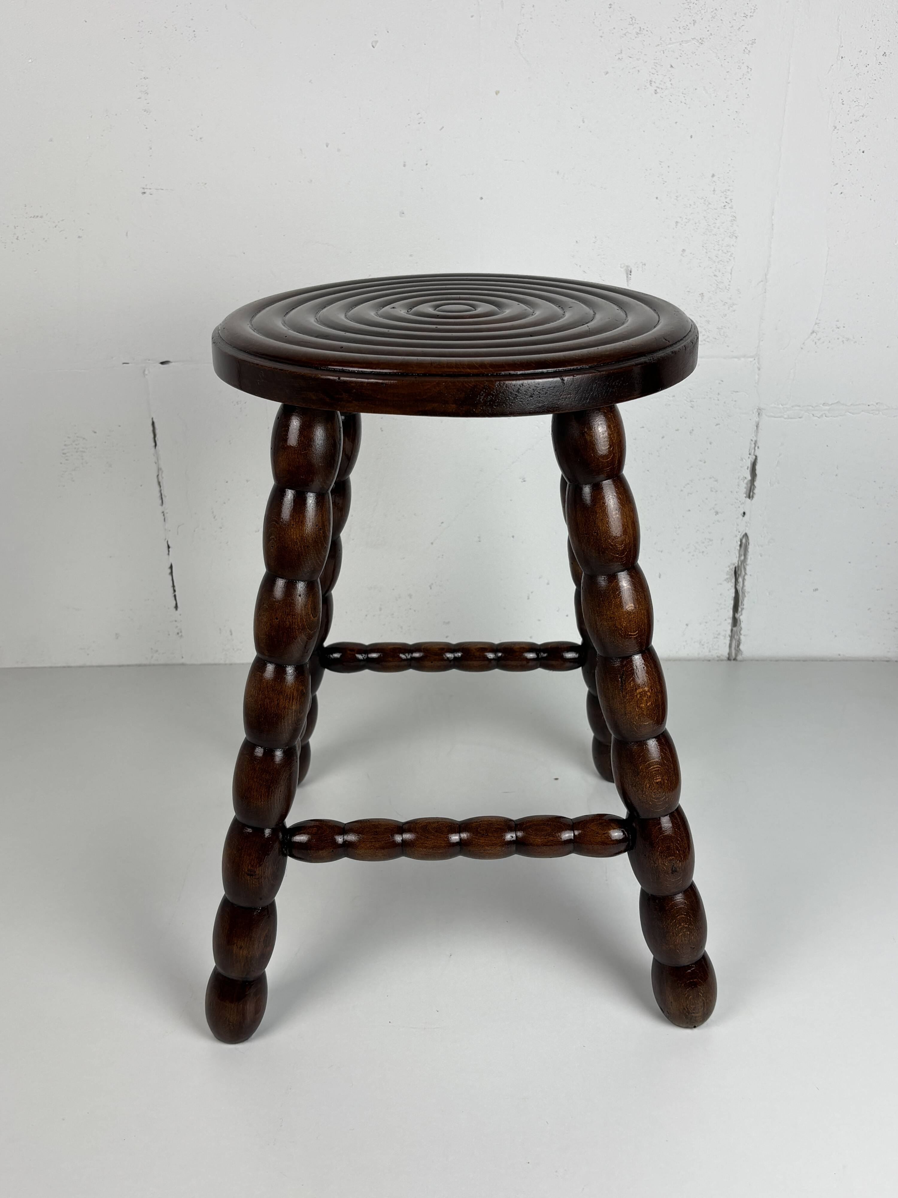 Midcentury bobbin wood turned stool, Charles Dudouyt style, France, 1950s