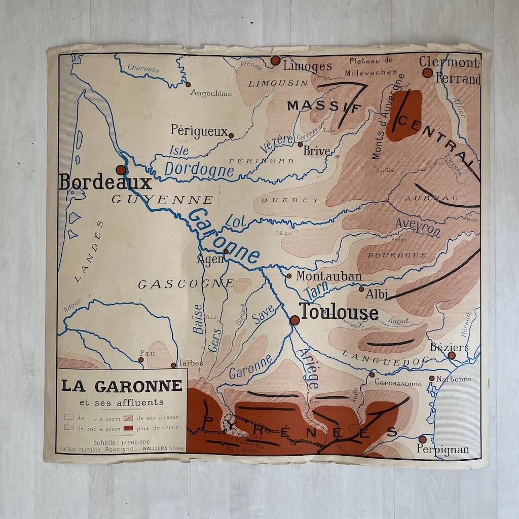 Vintage school map 1950 double-sided "The Garonne / the Rhône"