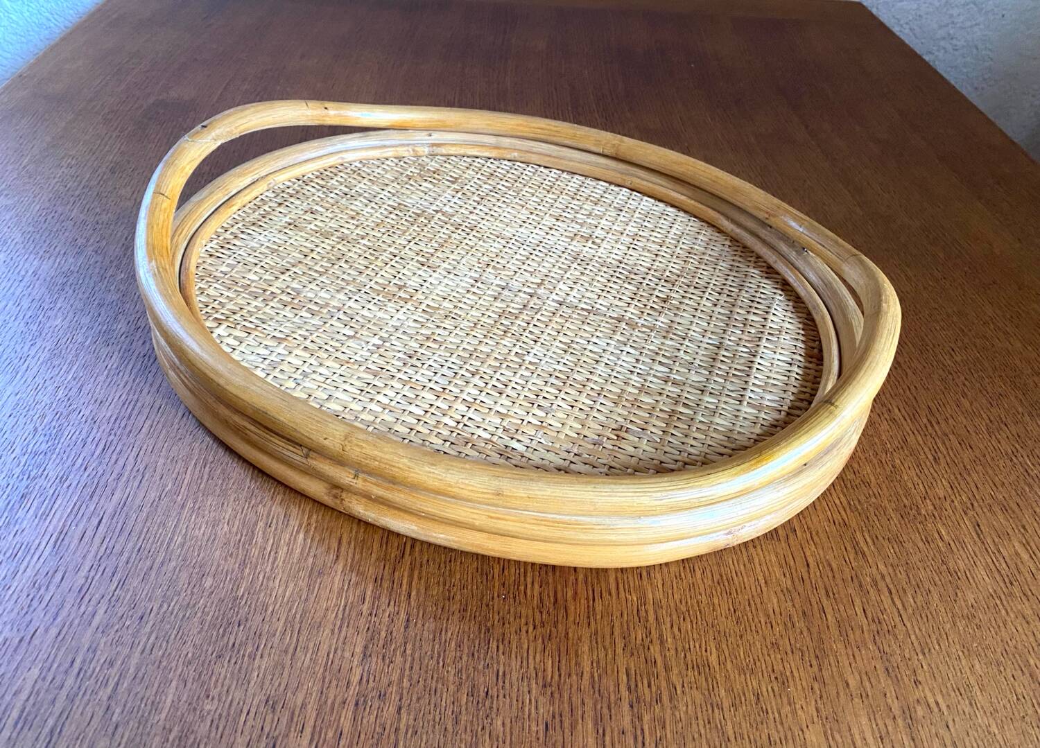 Oval tray made of rattan and bamboo from the 1970s