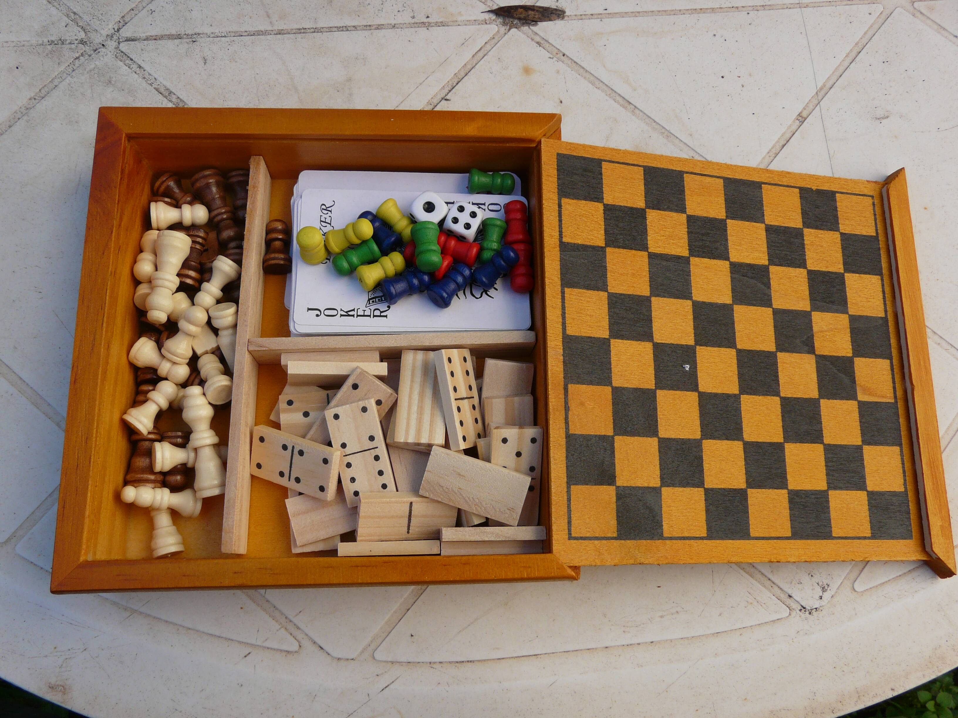 wooden games box: chess - little horses - dominoes - cards