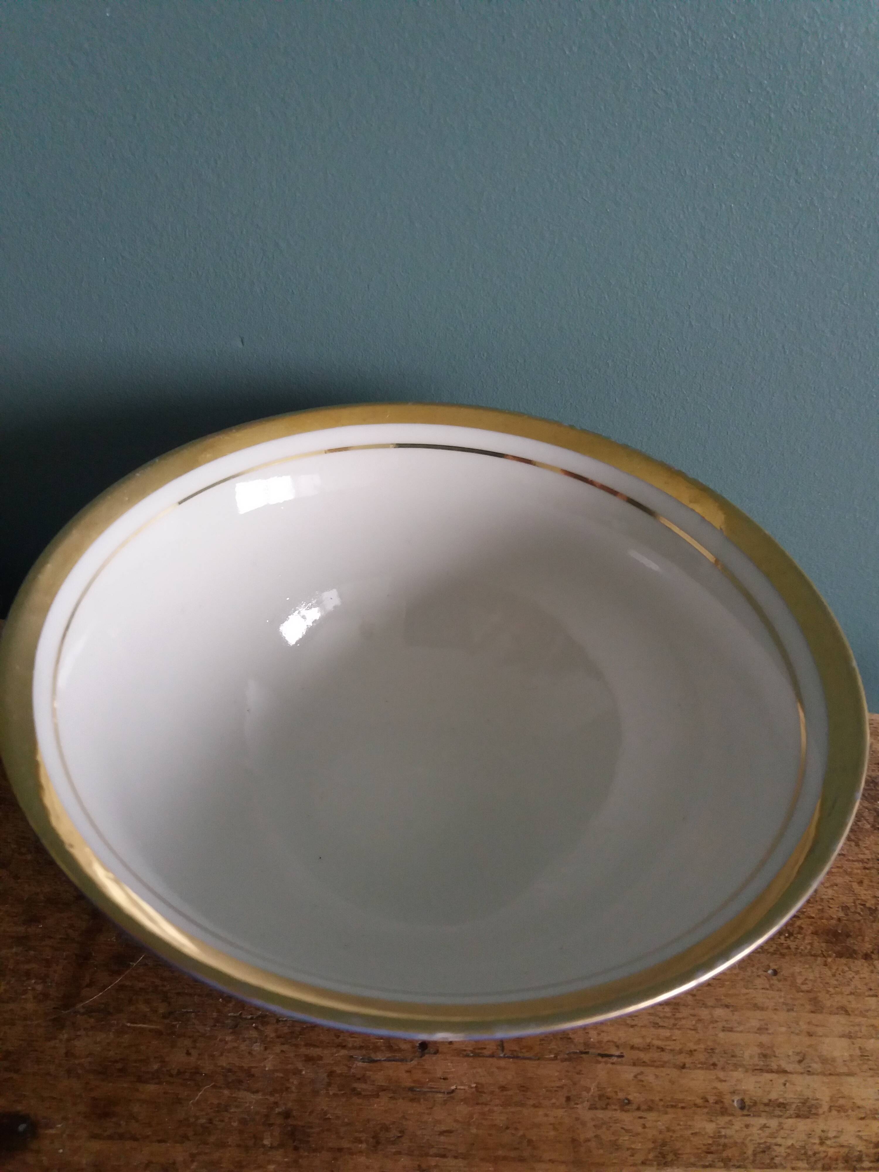 5 Uzbekistan porcelain tea bowls or cups, cobalt and gold decor