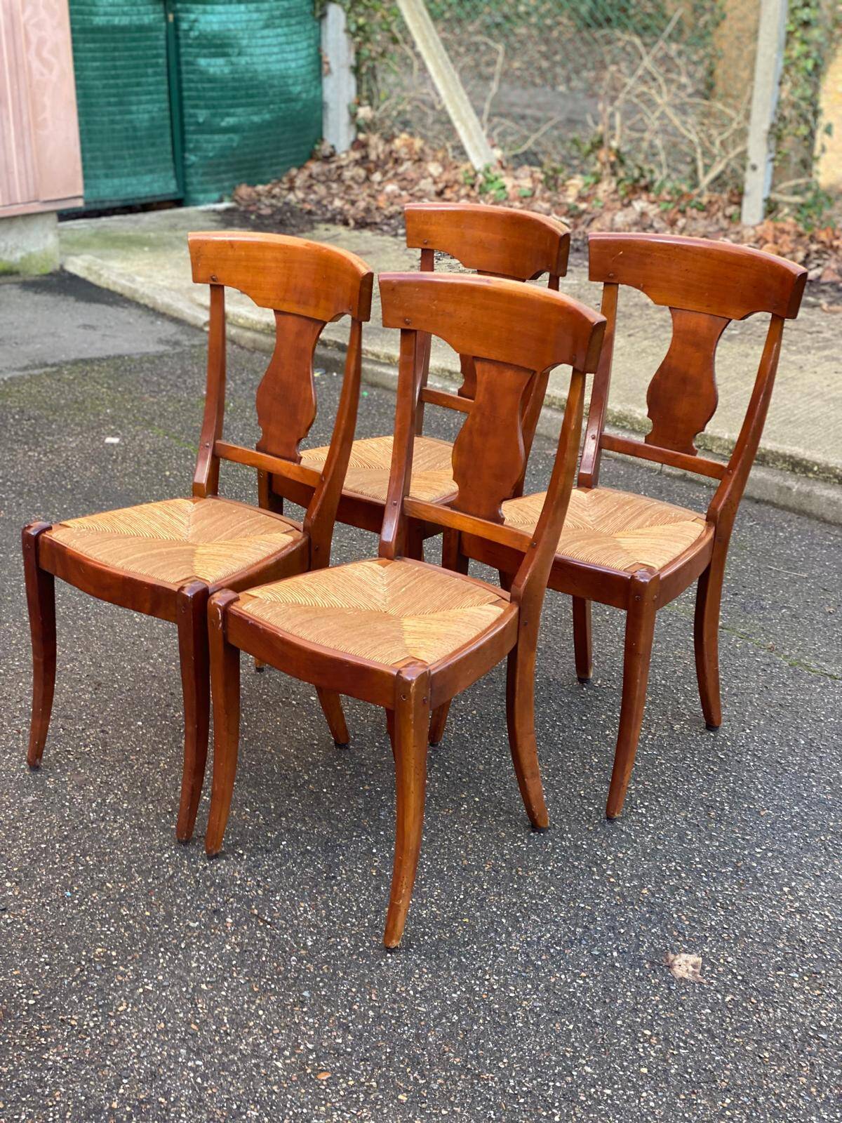4 Landais chairs with solid oak cross frames, straw seats.