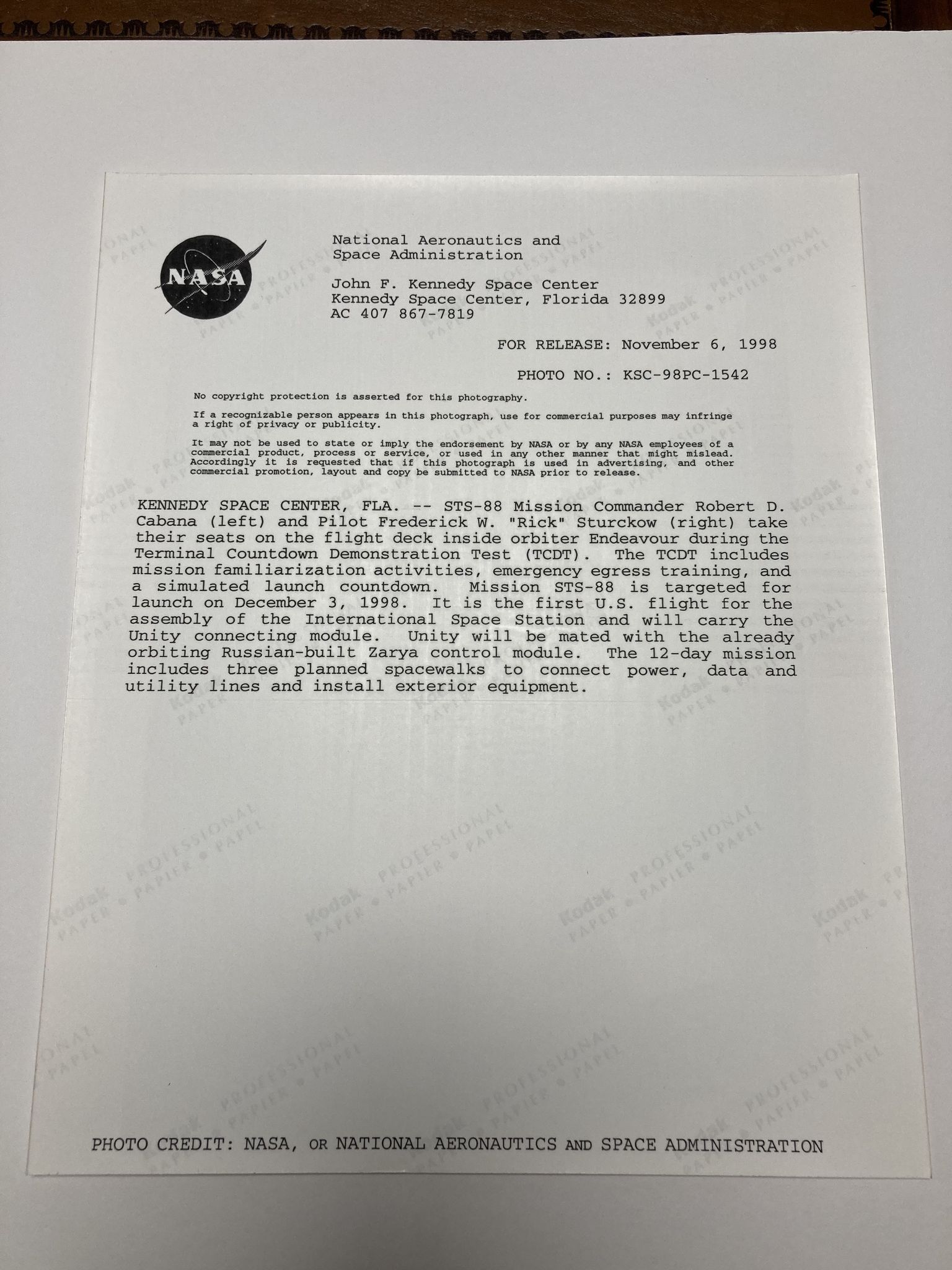 Photographie Mission STS-88 originale Nasa