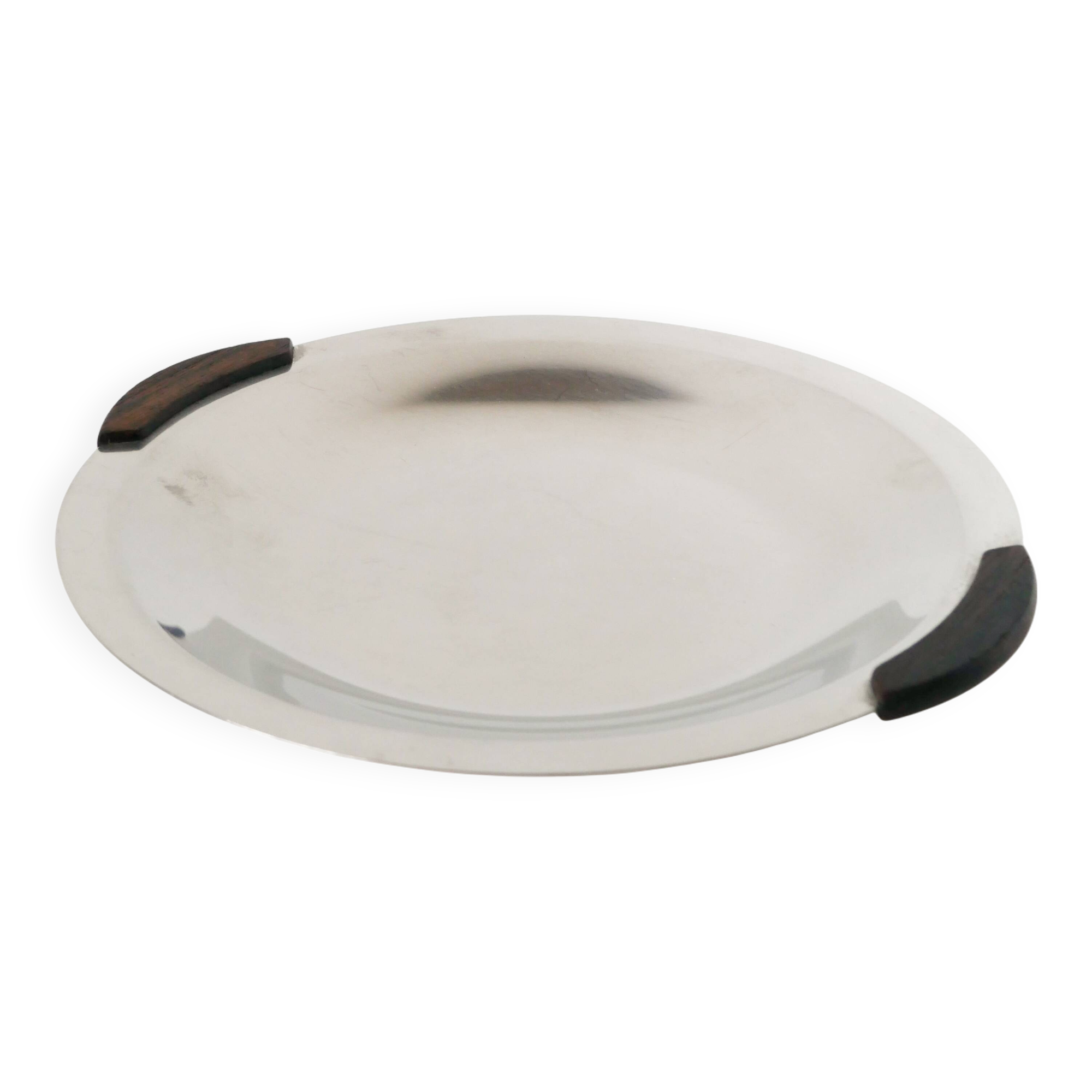 Round stainless steel dish with wooden handles, Design, 1970 - 32 cm