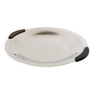 Round stainless steel dish with wooden handles, Design, 1970 - 32 cm