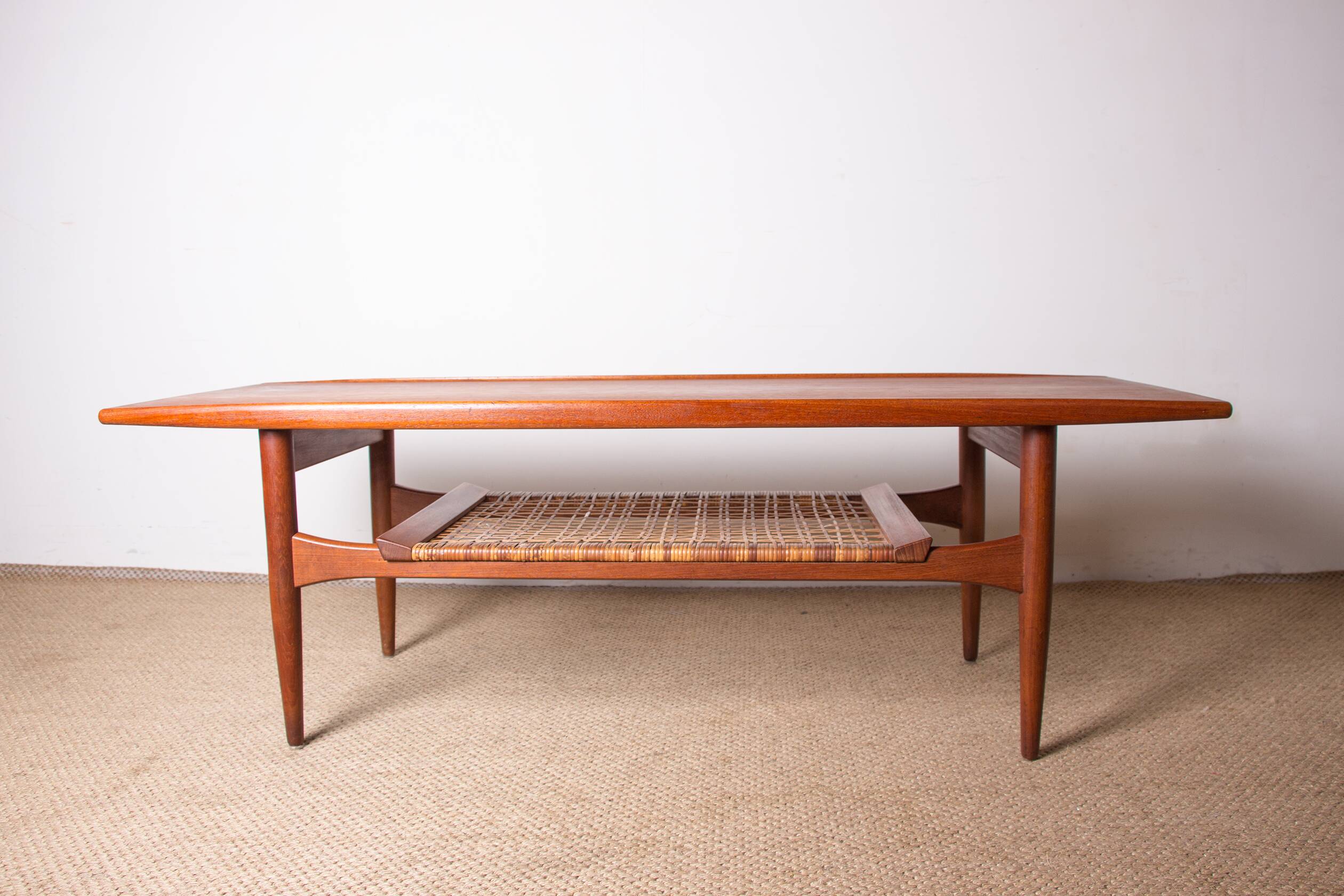 Danish coffee table in teak and rattan by KT Mobler 1960