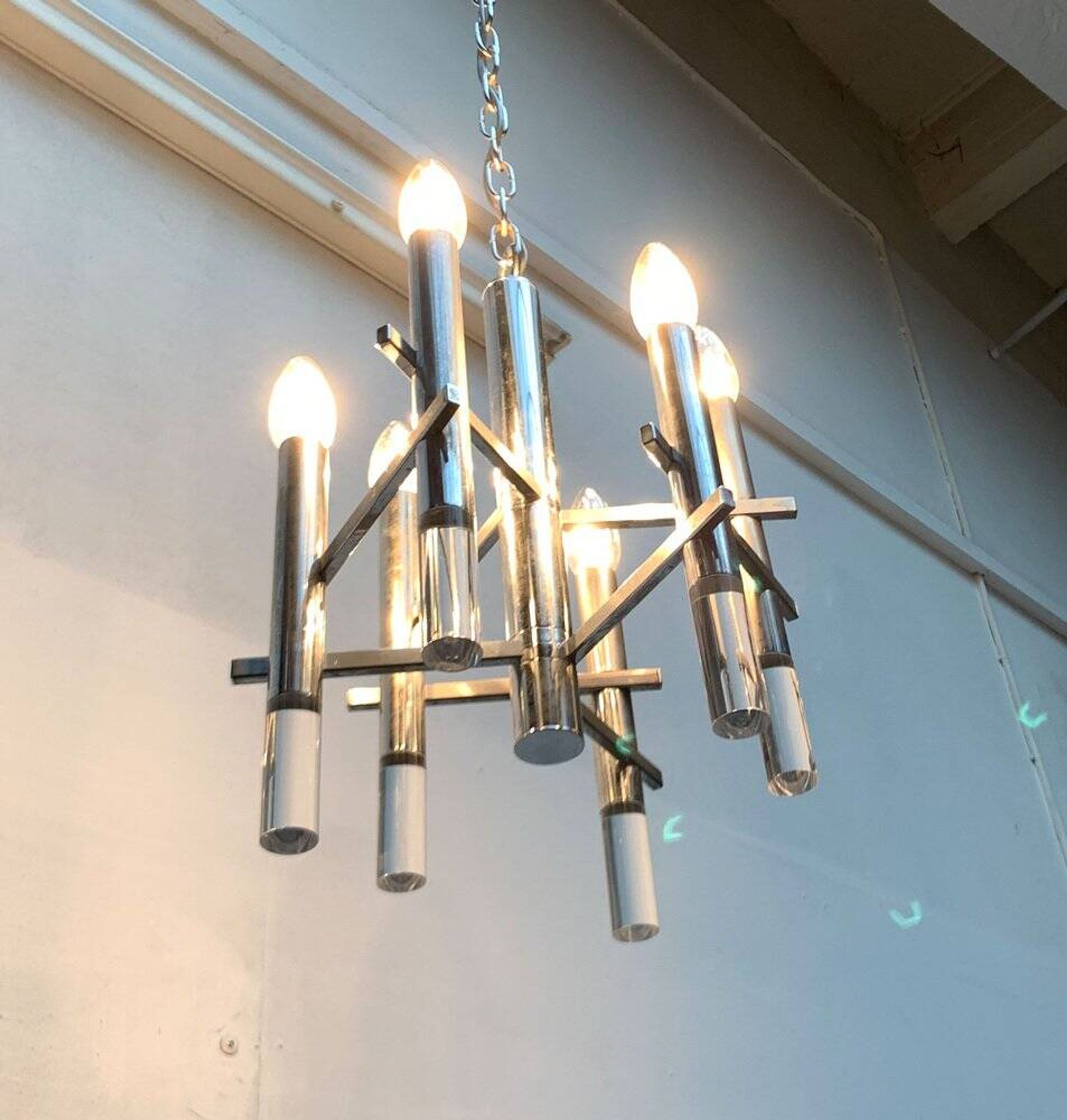 Italian chrome and acrylic chandelier from the space age mid-century by Gaetano Sciolari, 1960s.