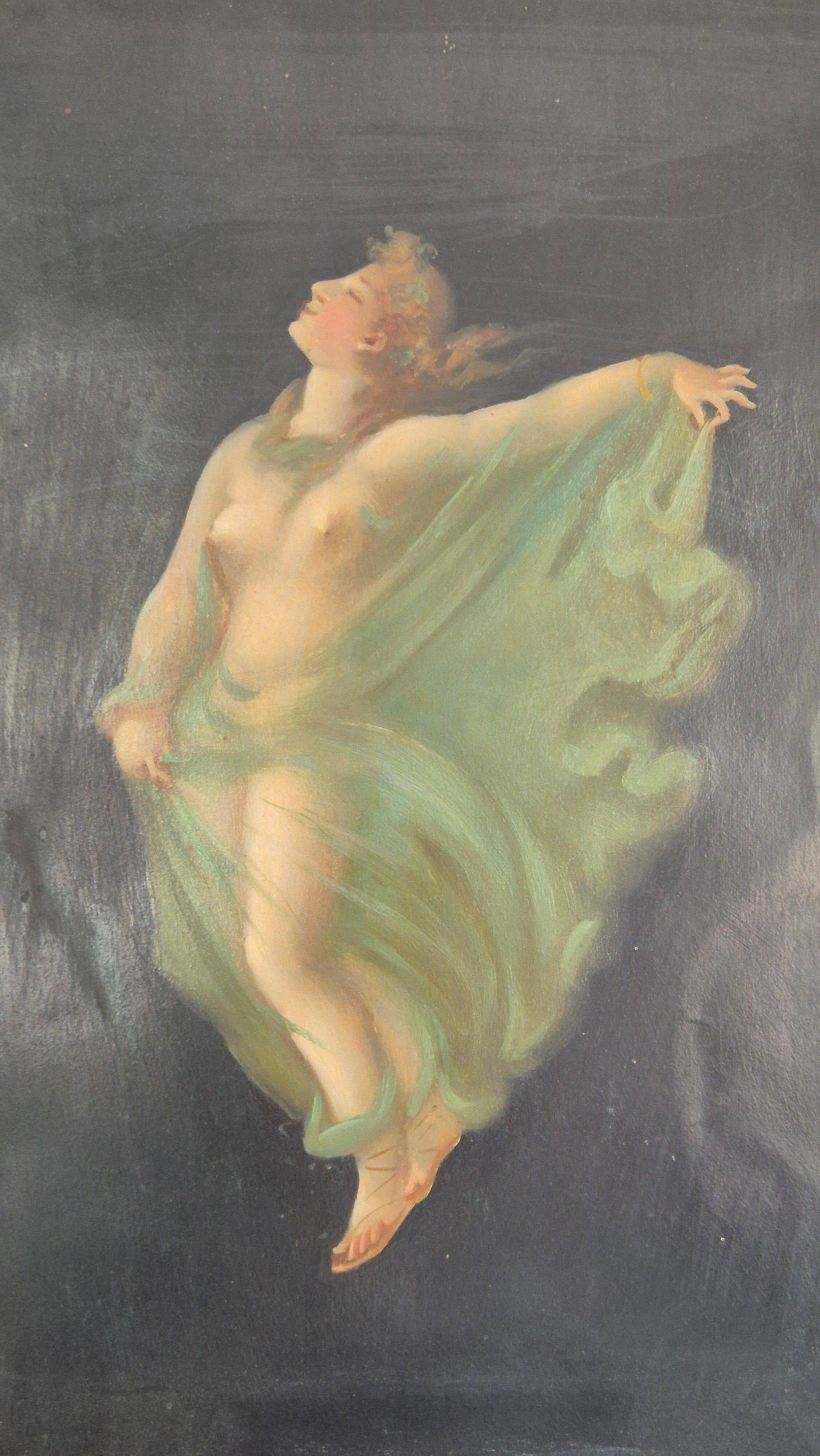 Pair of oil paintings in the neoclassical style depicting dancing nymphs dressed in transparent gowns, dating from the mid-19th century.