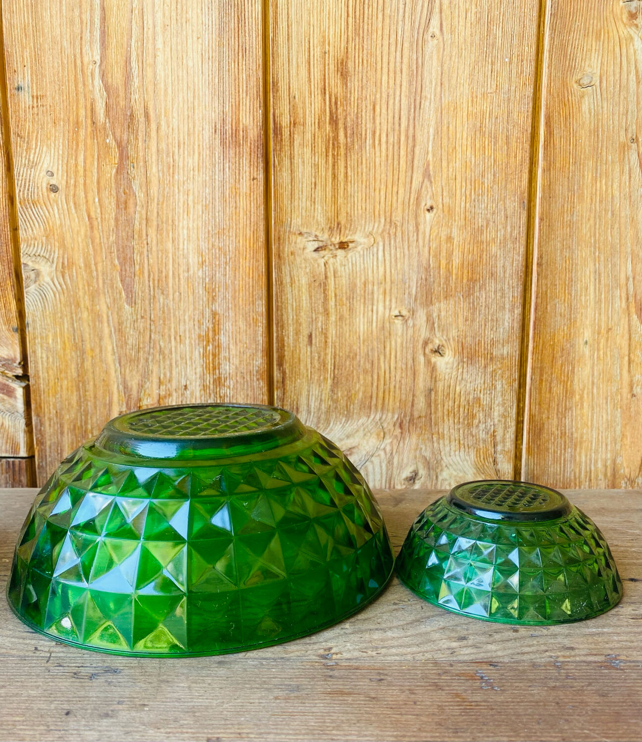 Vintage green Duralex salad bowl and ramekins.