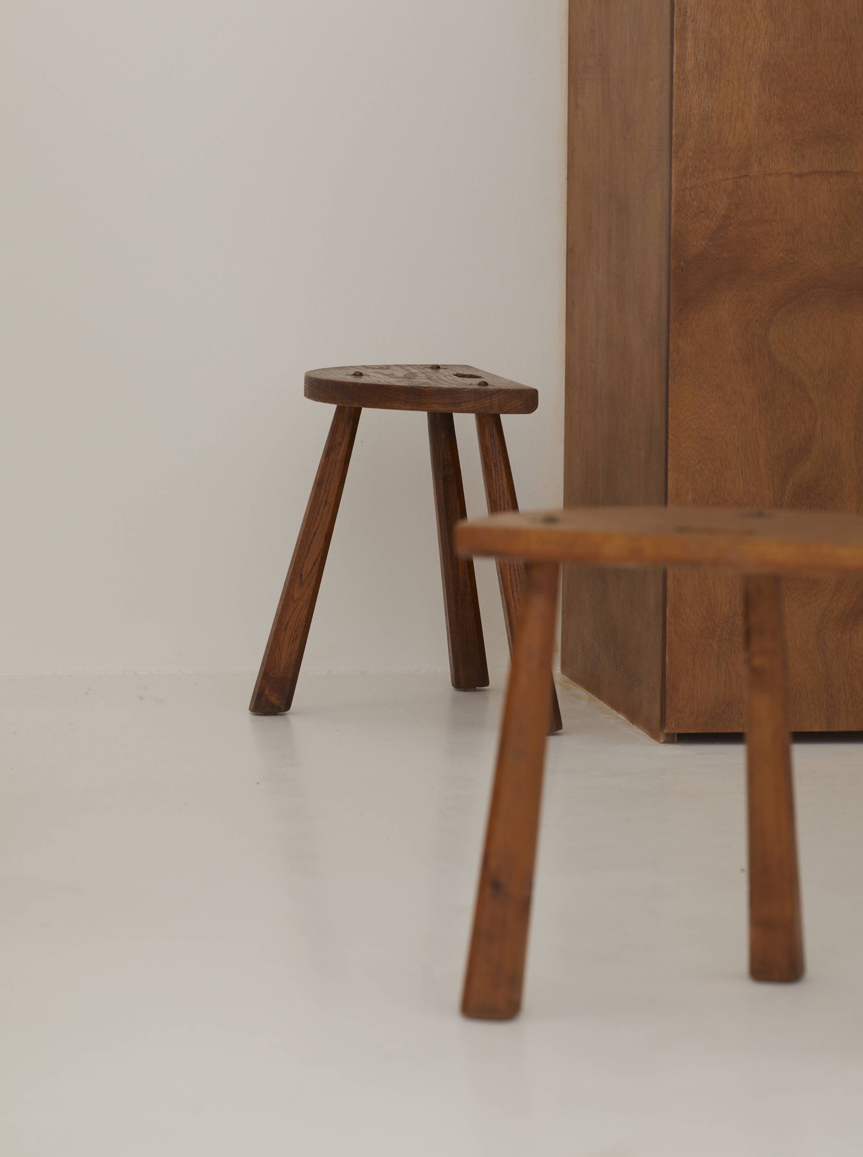 2 vintage solid wood half-moon tripod stools, circa 1950