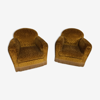 Paire de fauteuils club velours vieux jaune - fauteuil ancien