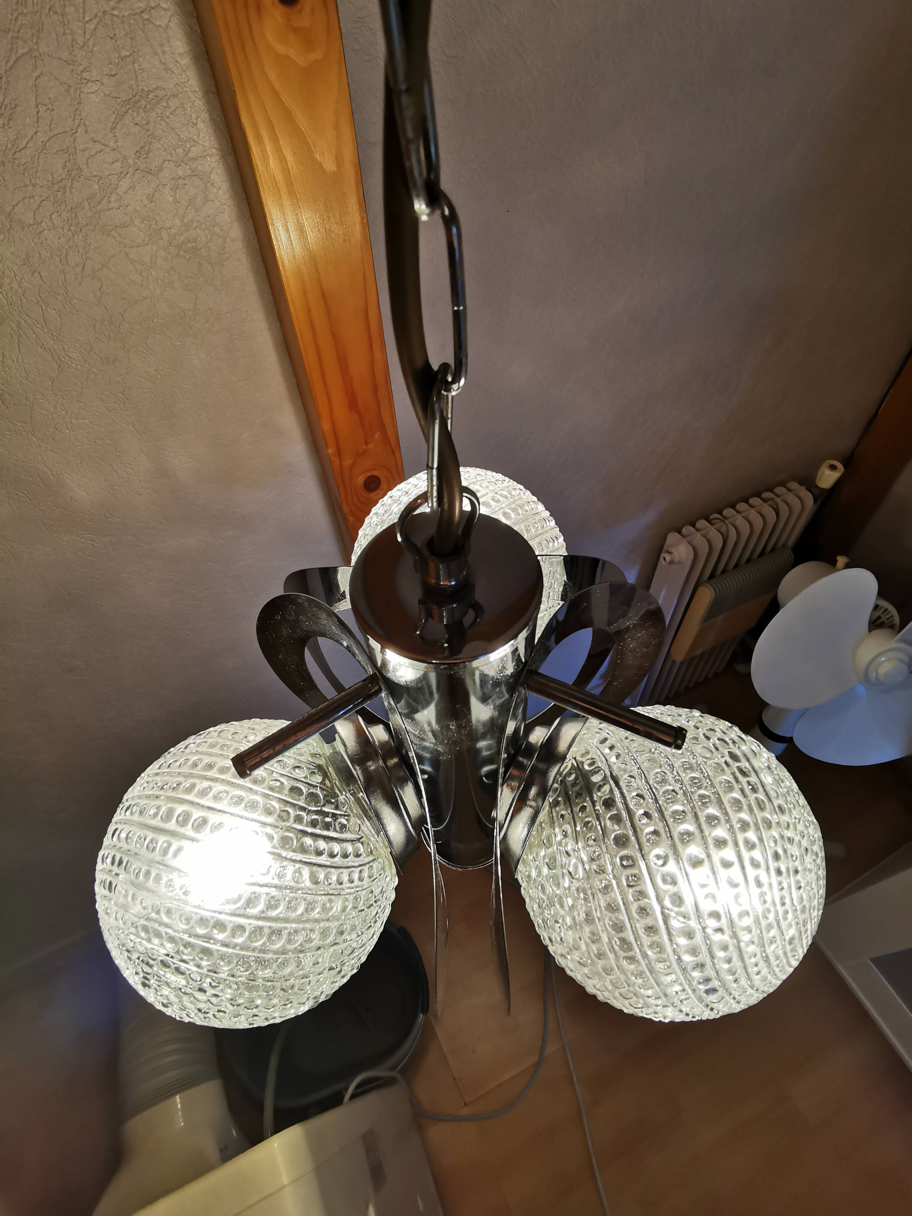 Space age chandelier with 3 lights, stainless steel and cut glass, Mazzega style, 1970