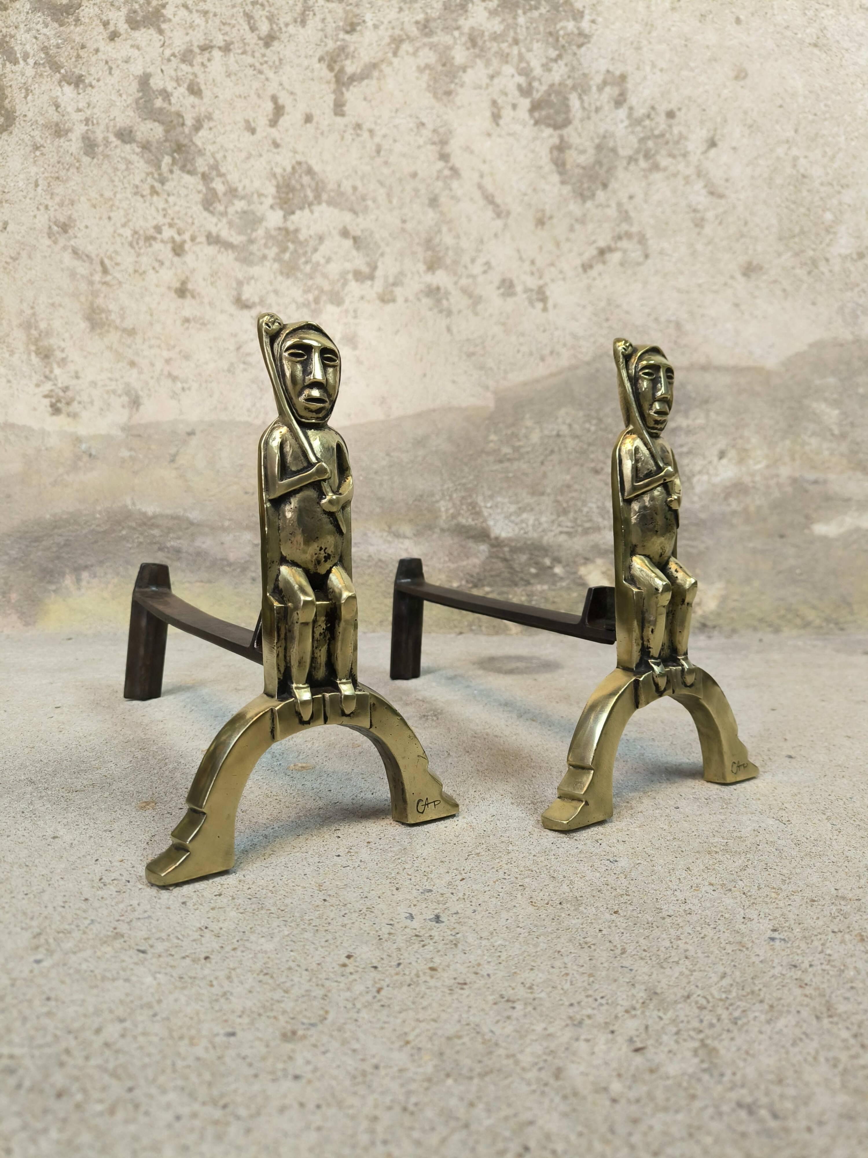 Pair of bronze "Shamans" andirons by Anton Prinner