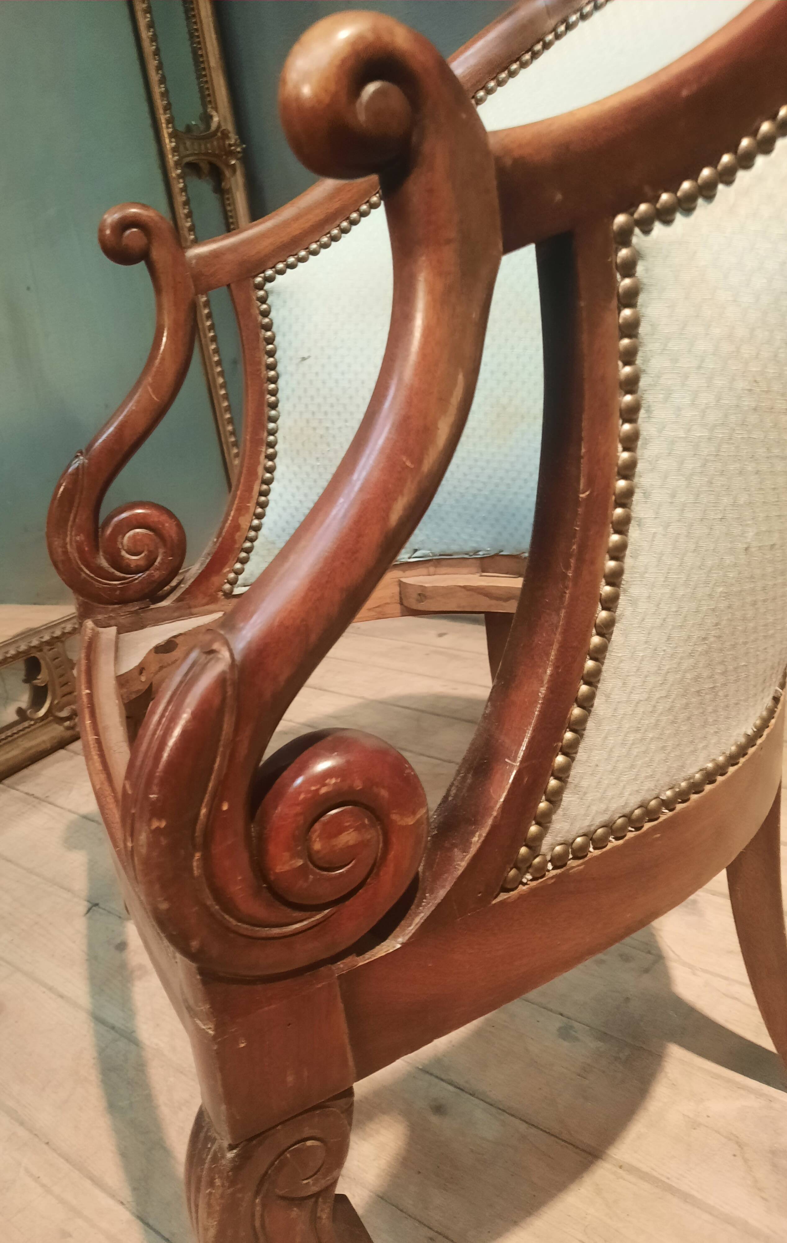 Pair of swan neck gondola armchairs