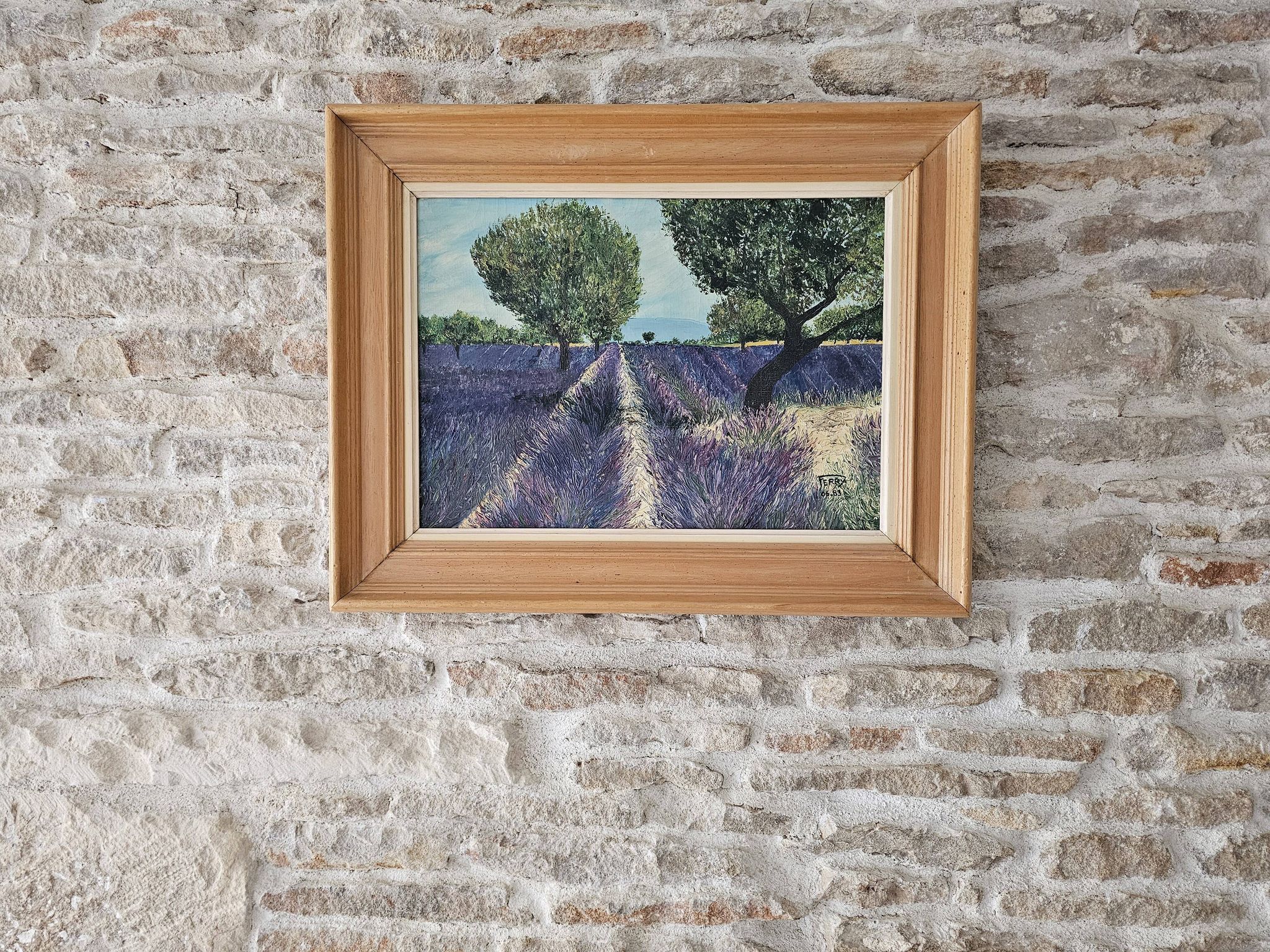 Oil on Canvas Landscape Almond Trees and Lavenders signed Jean Claude Fer