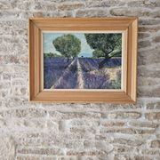 Oil on Canvas Landscape Almond Trees and Lavenders signed Jean Claude Fer