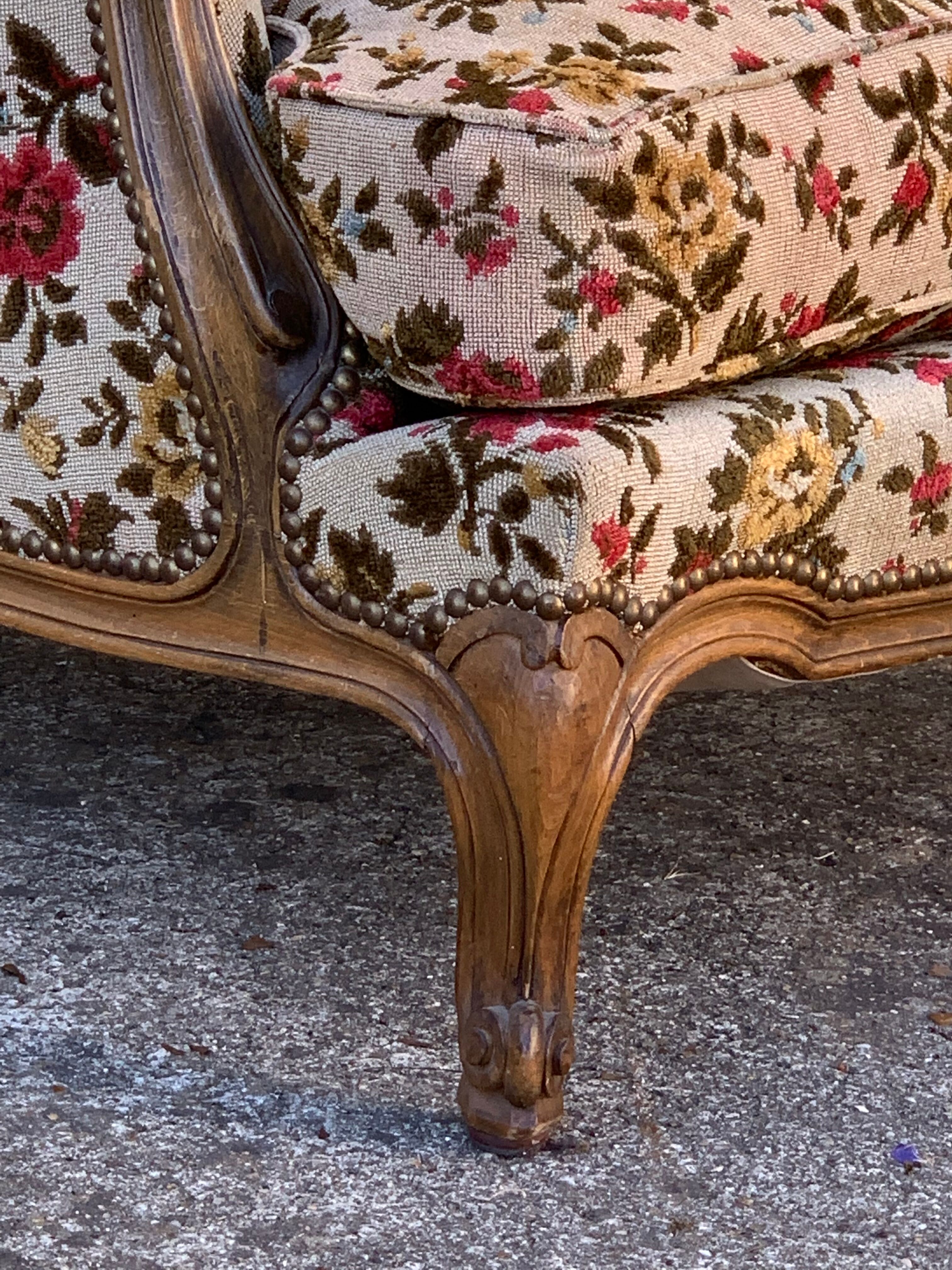 Antique Louis XV style shepherdess armchair in floral flocked fabric