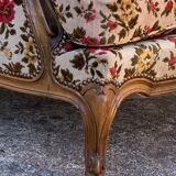 Antique Louis XV style shepherdess armchair in floral flocked fabric