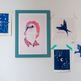 Illustration risographie originale rêve d'oiseau, signée