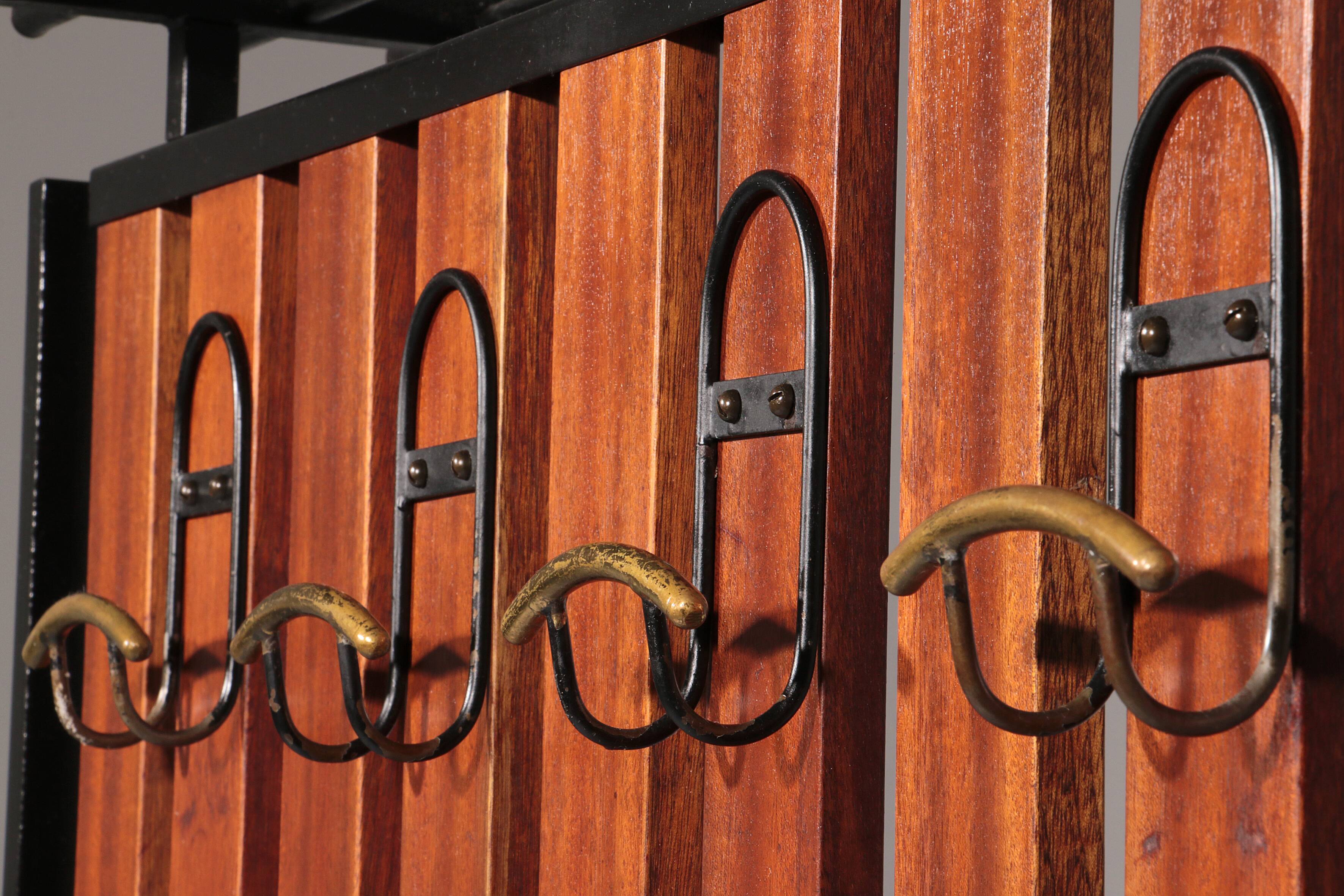 Italian Vintage Elegance – Brass and Teak Wall Clothes Hanger from the 1950