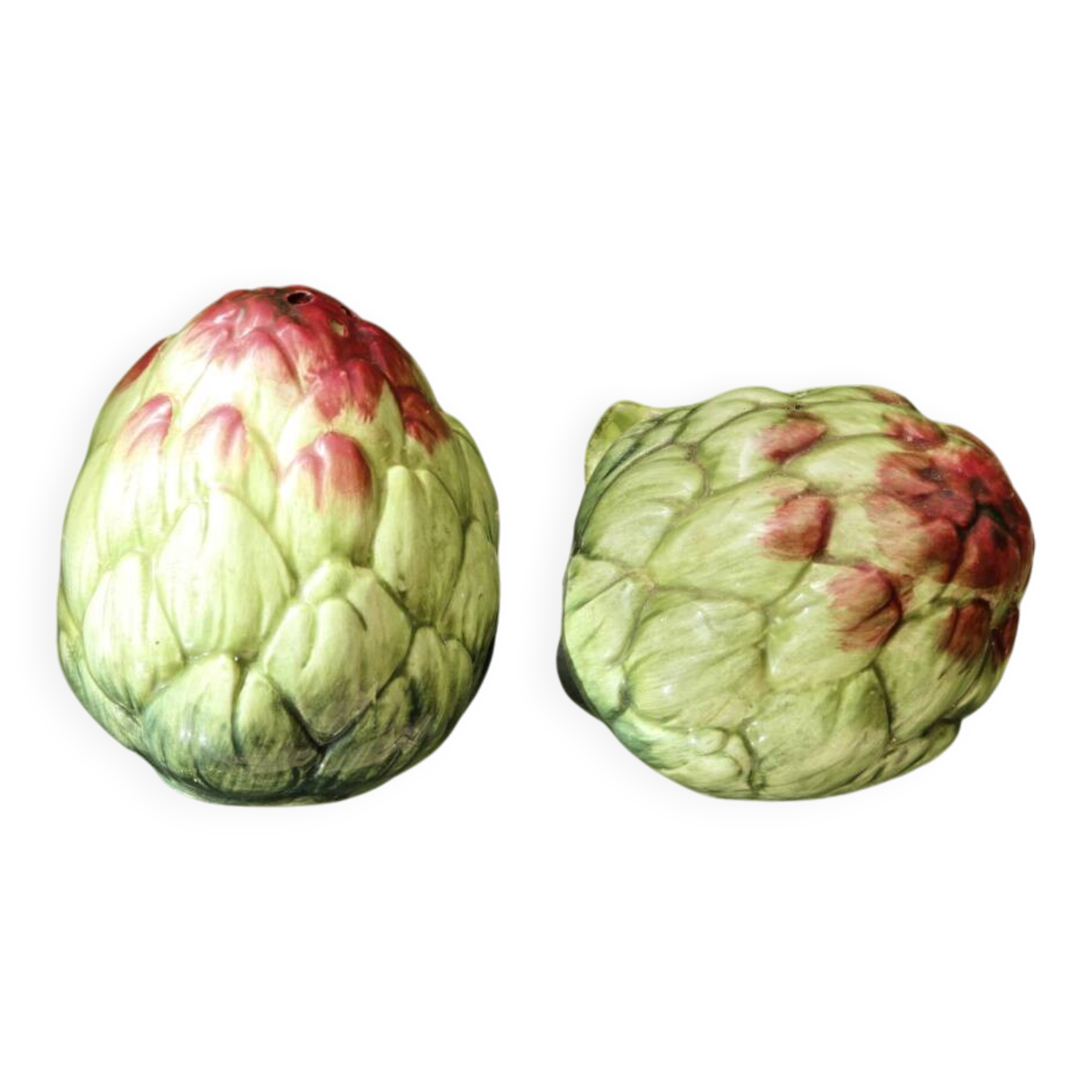 Pair of salt and pepper shakers in earthenware, artichokes