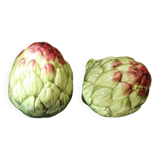 Pair of salt and pepper shakers in earthenware, artichokes