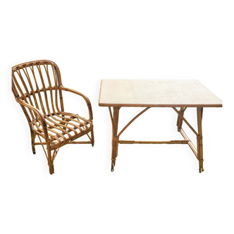 Bamboo and rattan table and chair, 1960