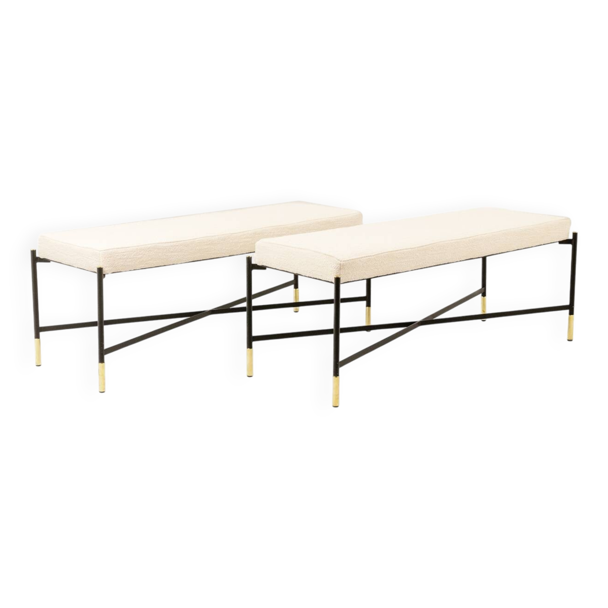 Pair of white benches, in lacquered and gilded metal. 2000s.