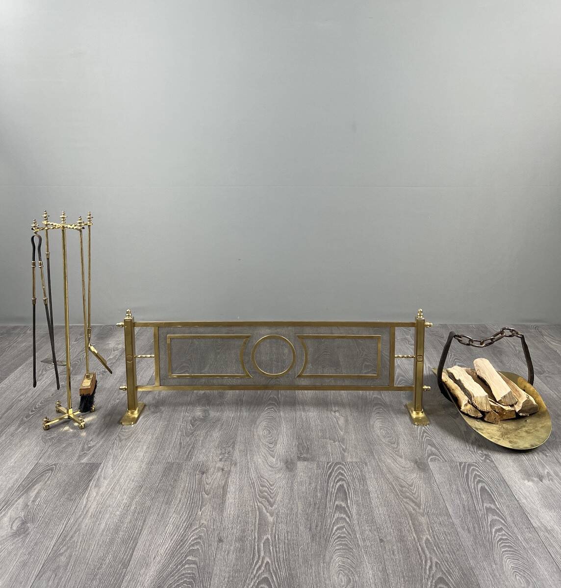 Brass fireplace set, Louis XVI style, fire screen, companion set and holder.