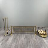 Brass fireplace set, Louis XVI style, fire screen, companion set and holder.