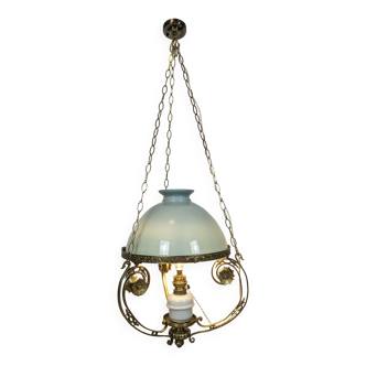 Large brass and green opaline chandelier