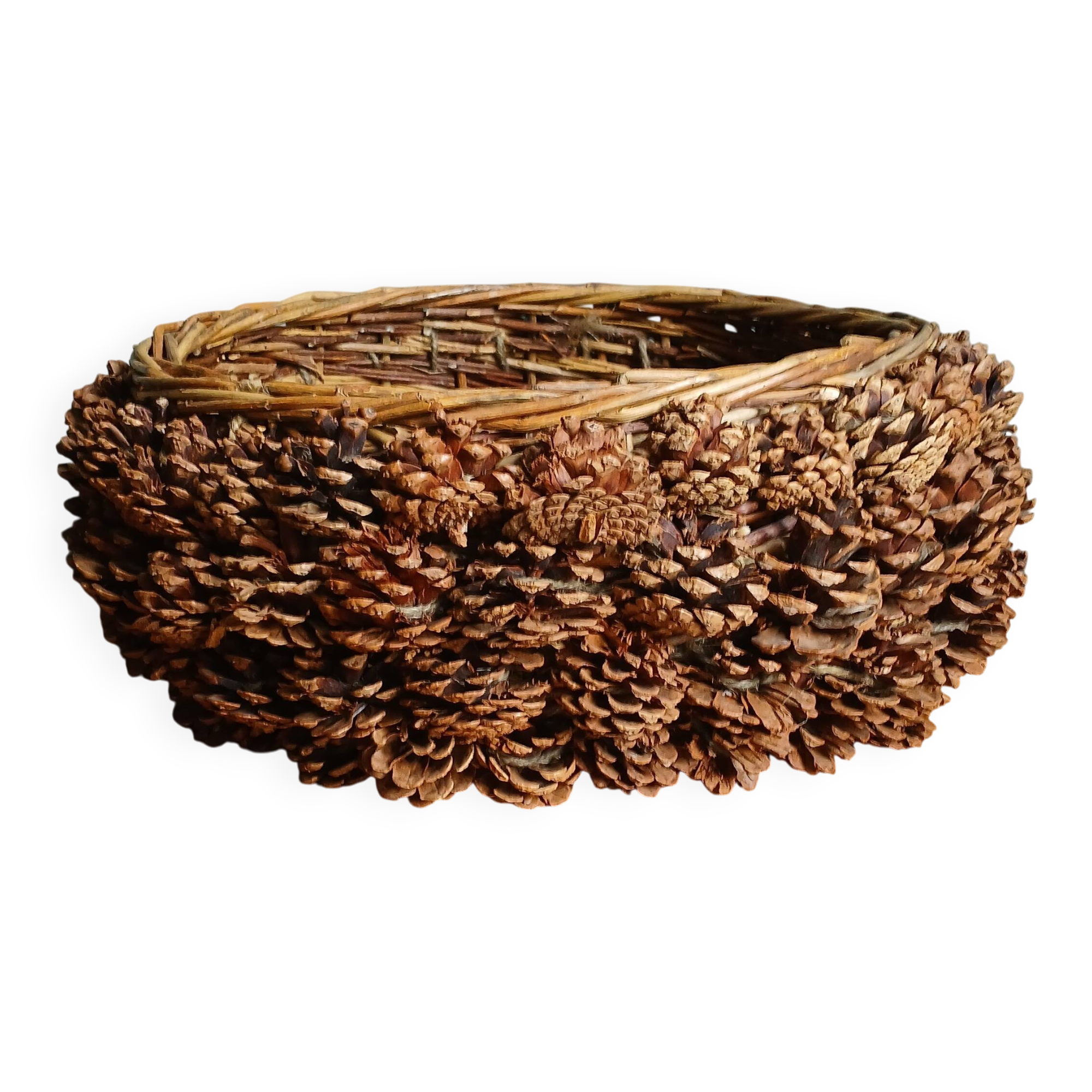 XL handmade wicker & pine cone Adirondack basket, circa 1930.