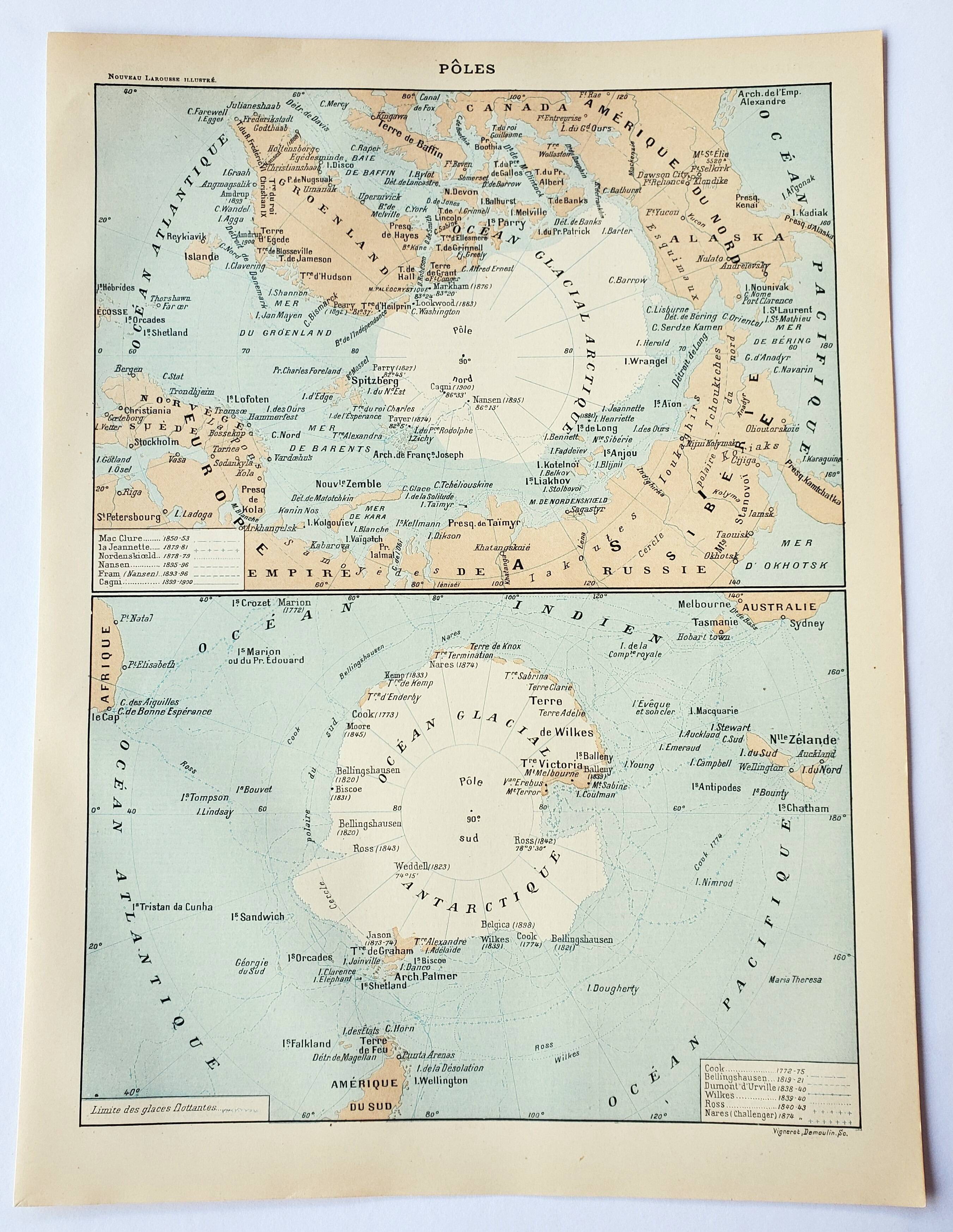 Old engraving 1898, Arctic and Antarctic Poles • Lithograph, Original plate