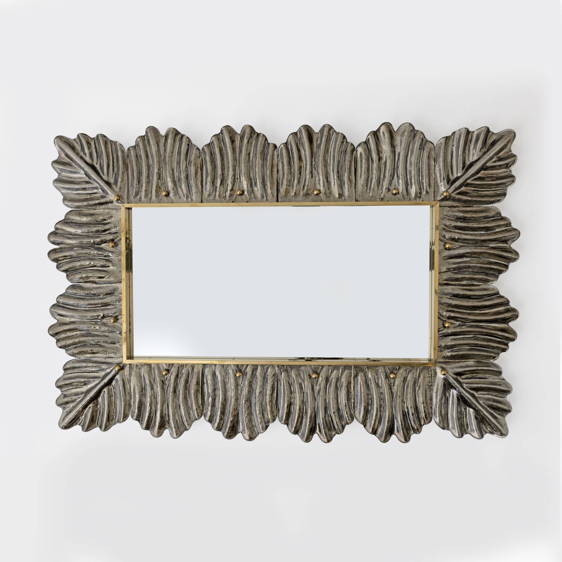 Mid-Century Modern Italian Brass and Leaves Murano Glass Wall Mirror
