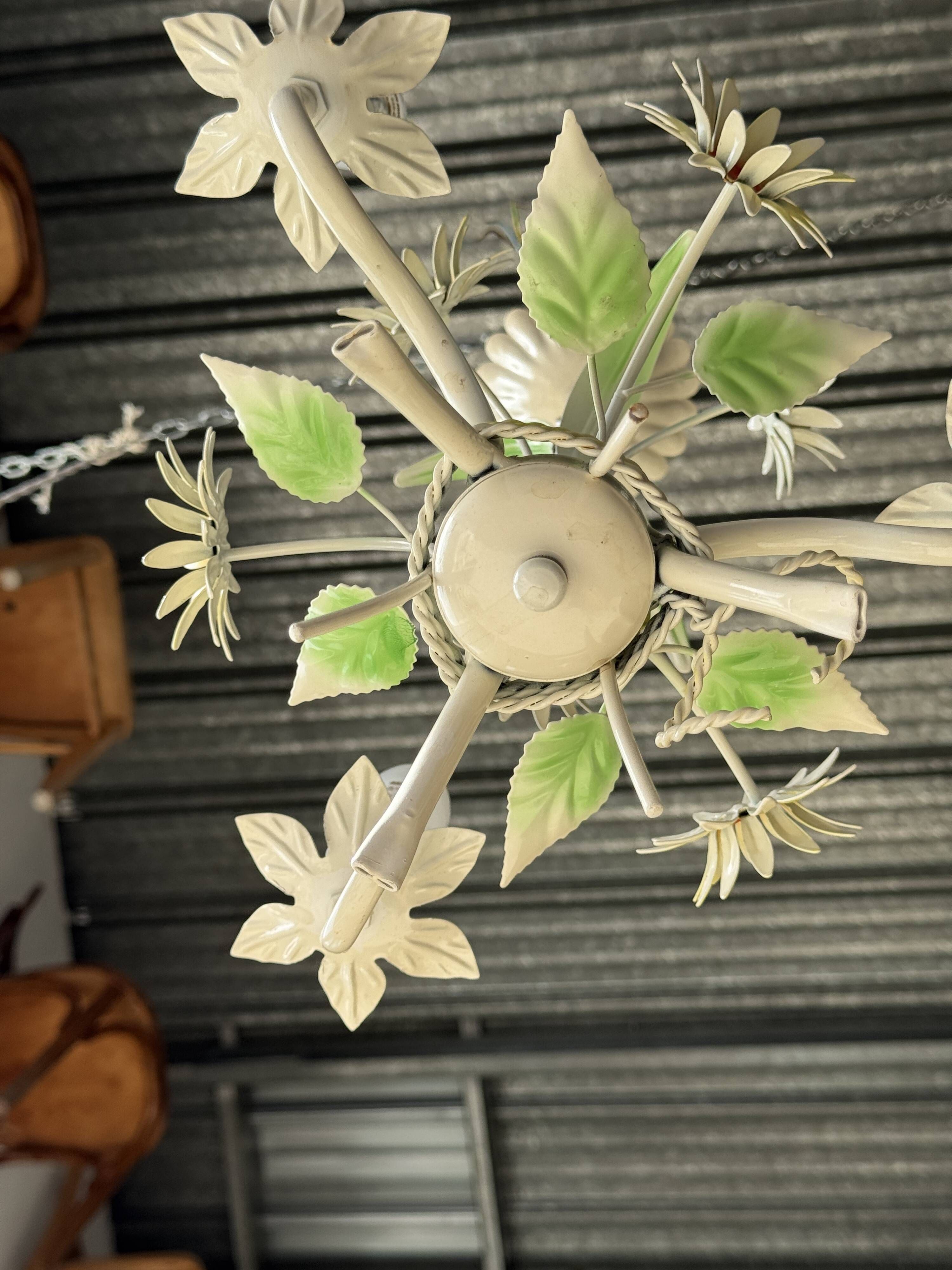 Small vintage cream metal flower chandelier with orange flowers and 3 arms.