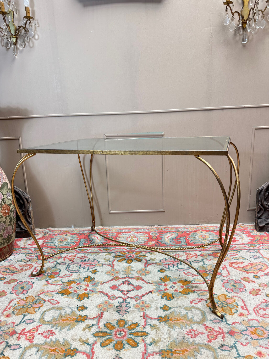 Golden wrought iron console table circa 1950