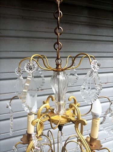Rare antique cage chandelier in gilded bronze and crystal, 4 lights / WORKING CONDITION GAU?