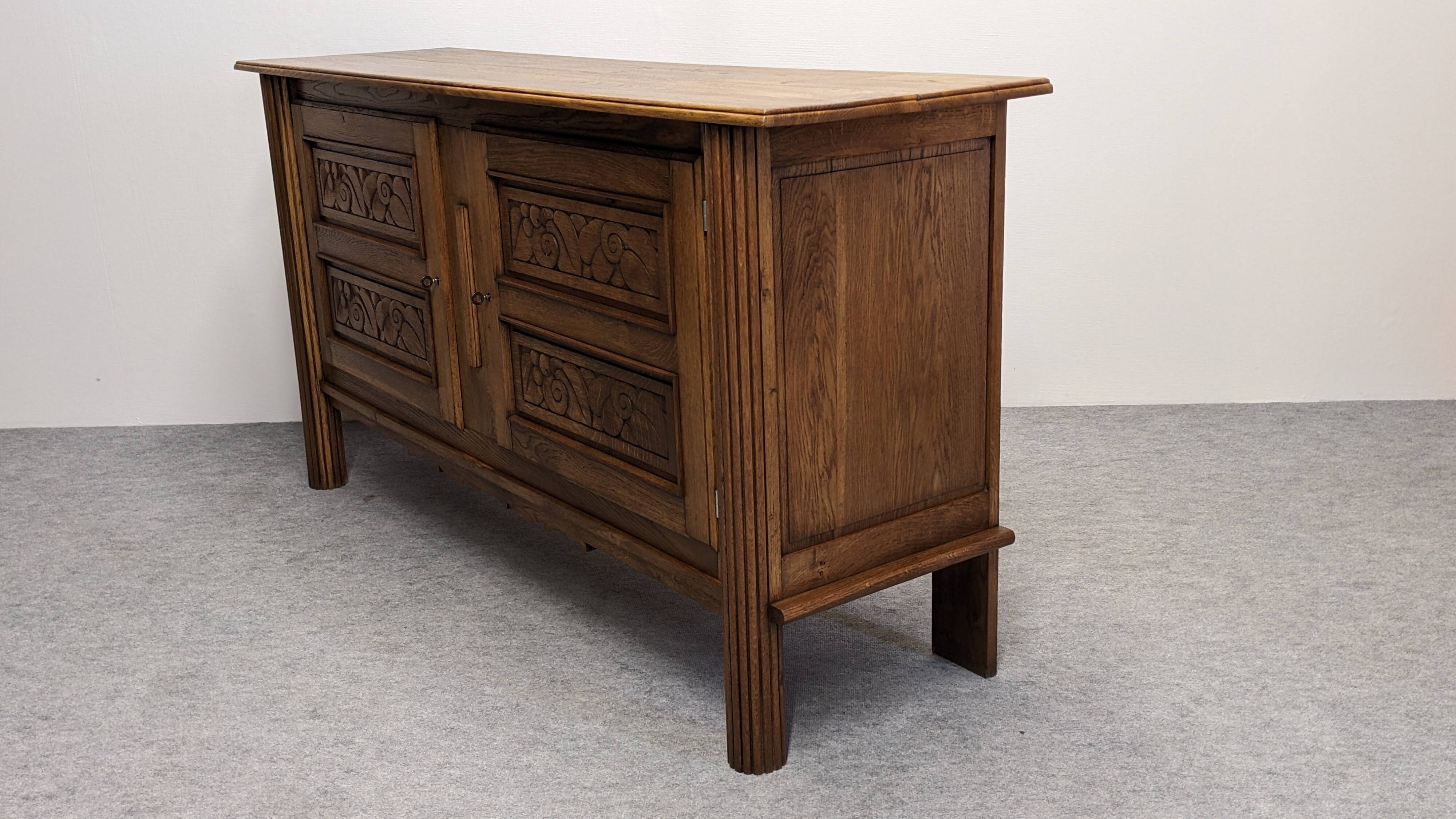 Brutalist oak sideboard attributed to Joseph Savina, France circa 1950.