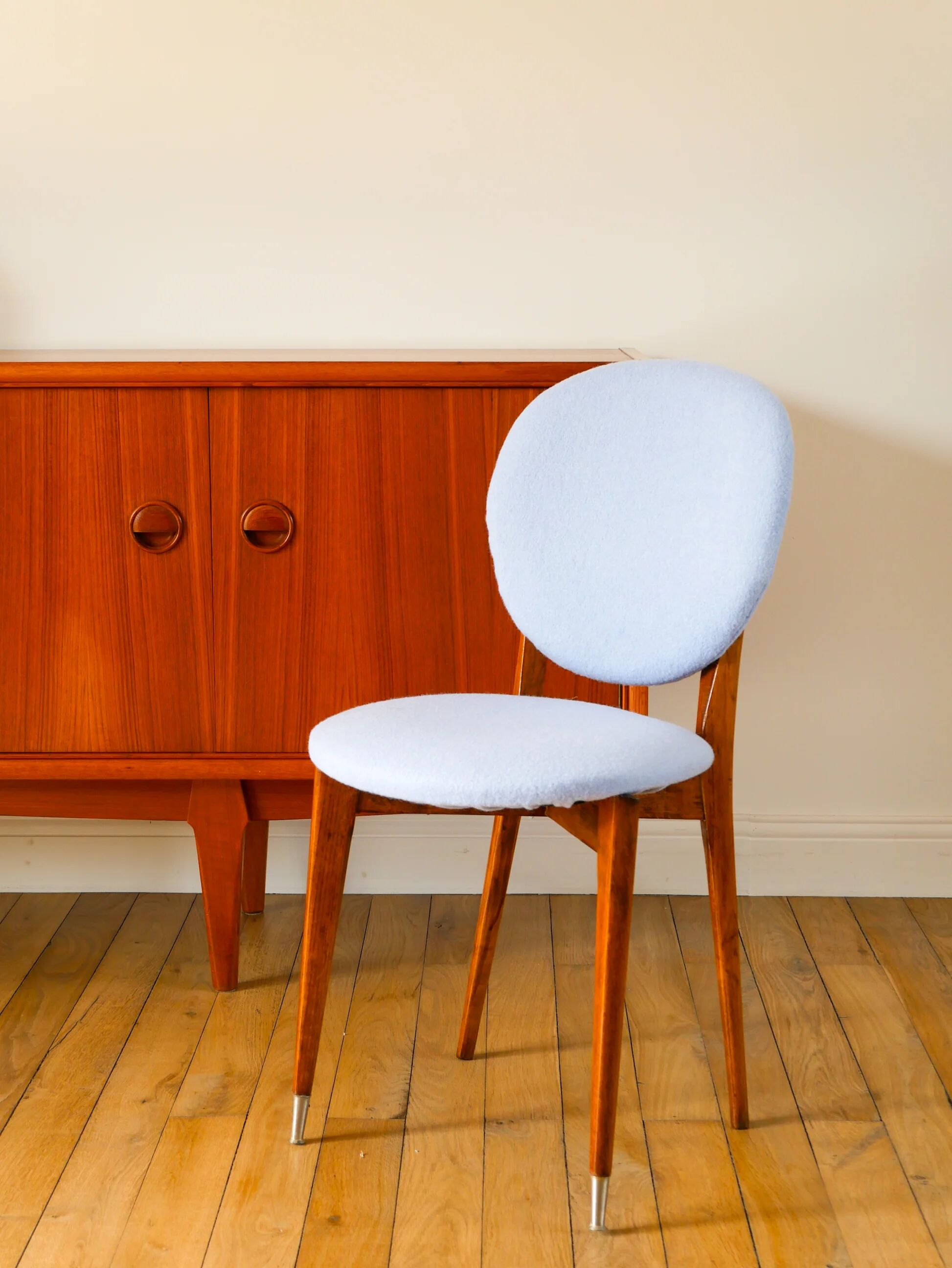 Beech wood chair, reupholstered in baby blue boiled wool, 1950.