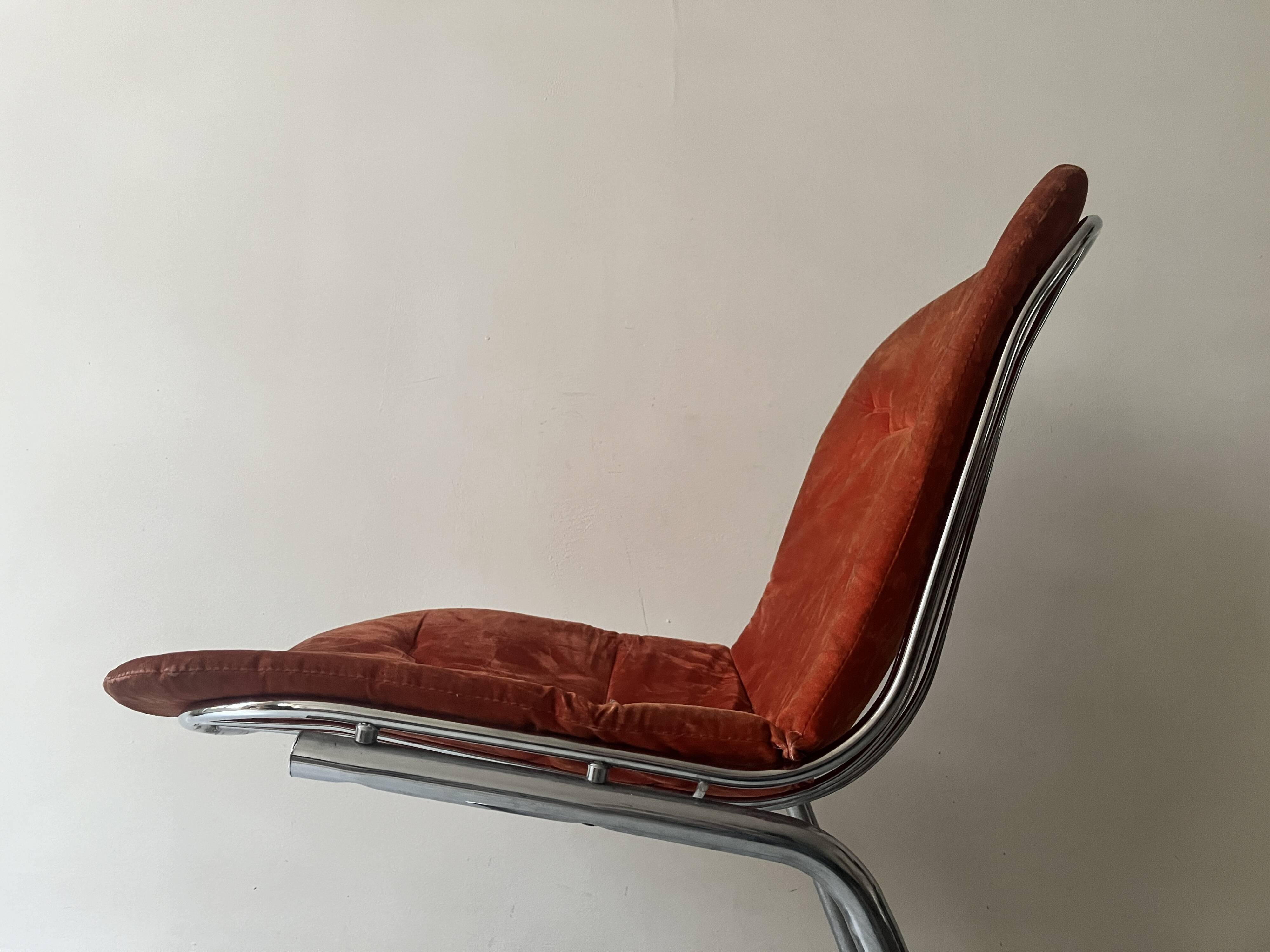 Rinaldi style chair in chromed metal and suede fabric cushion, 1970 design