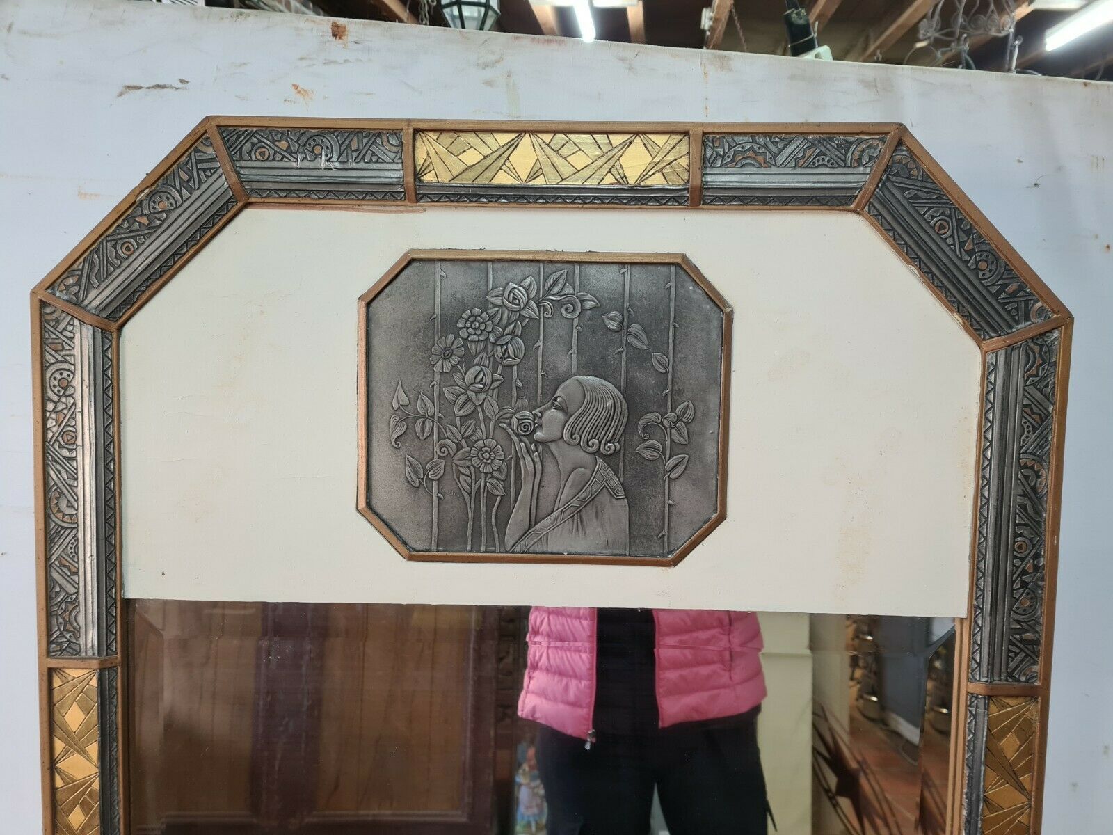 Golden patinated art deco mirror - 160x76cm