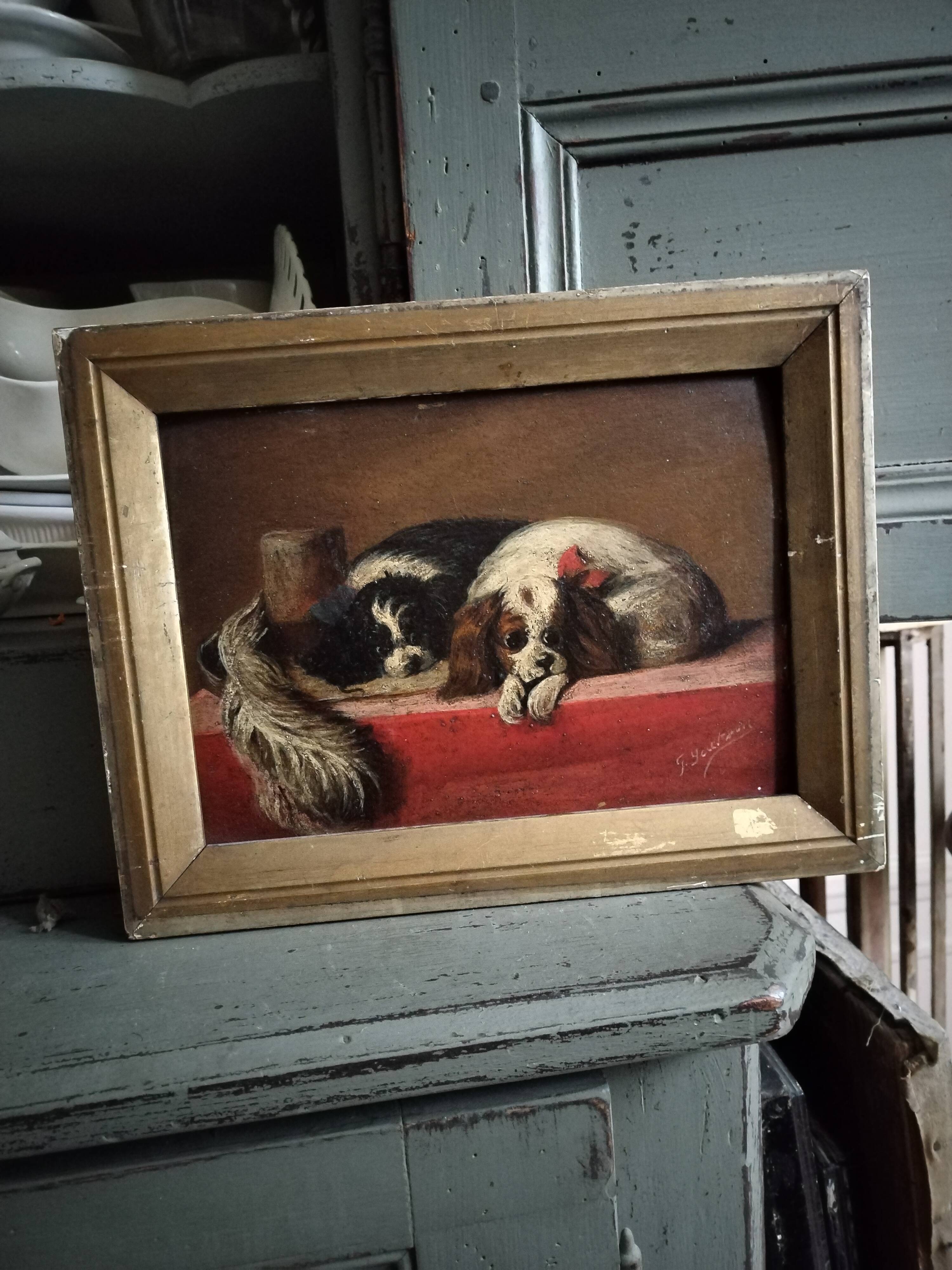 Oil dogs on wood 19th century signed