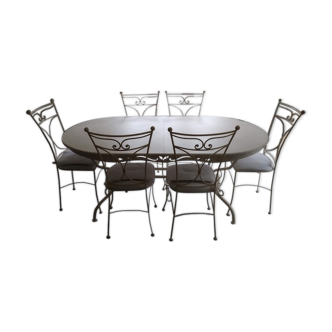 Ensemble table & 6 chaises fer, bois blanc cassé