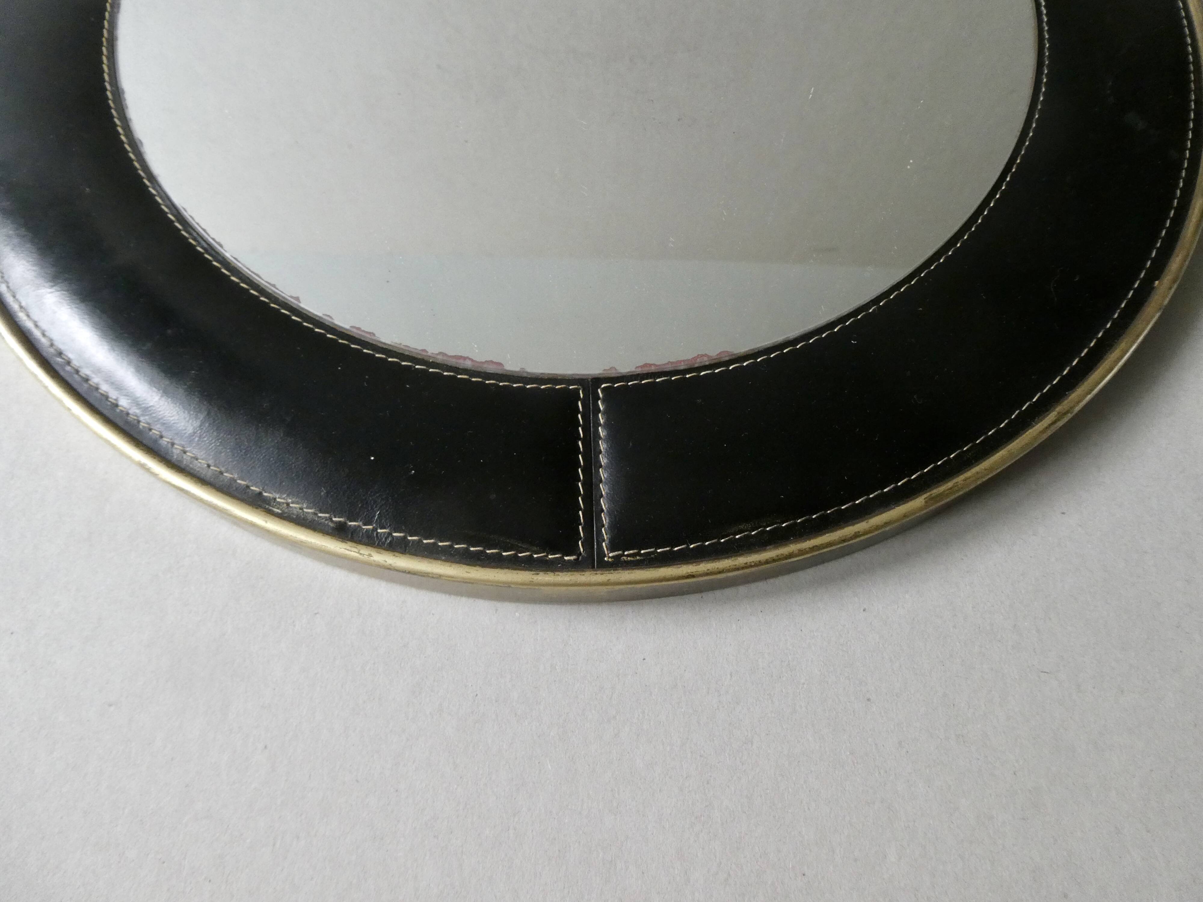 leather mirror, saddle stitching, 60s